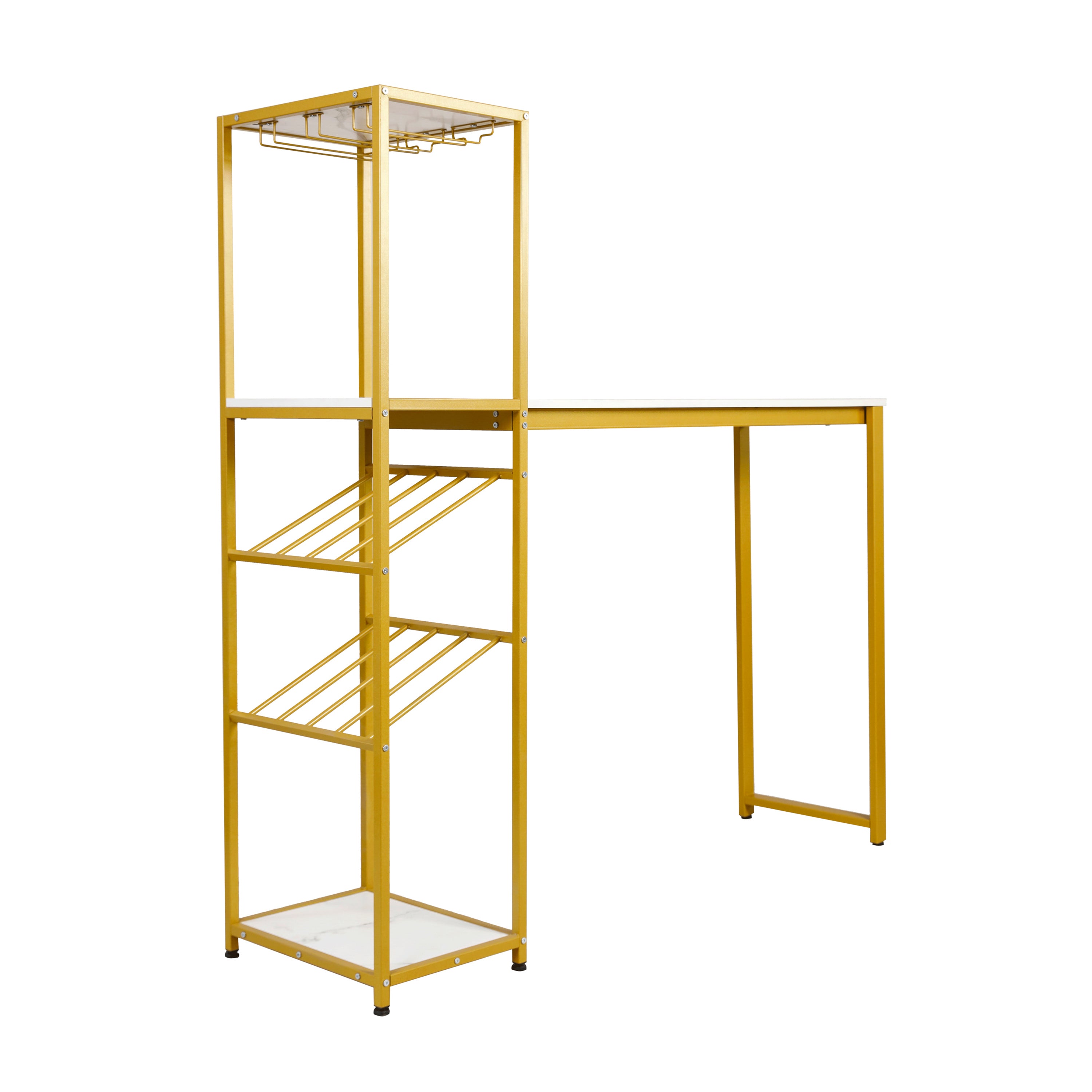 Jura Metal Bar and Wine Table with 2 Slanted Shelves for Bottle Storage and Hanging Glass Storage