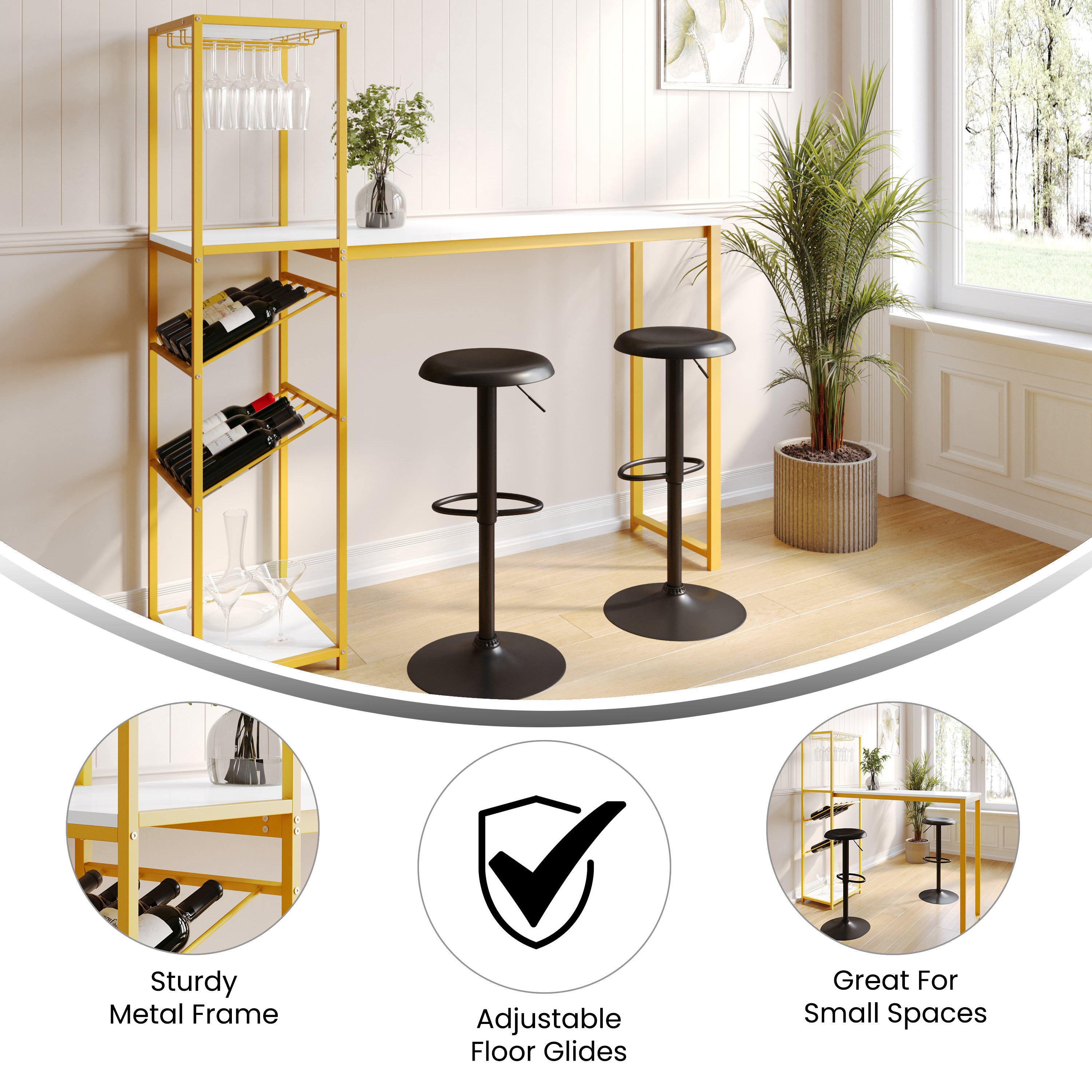 Jura Metal Bar and Wine Table with 2 Slanted Shelves for Bottle Storage and Hanging Glass Storage