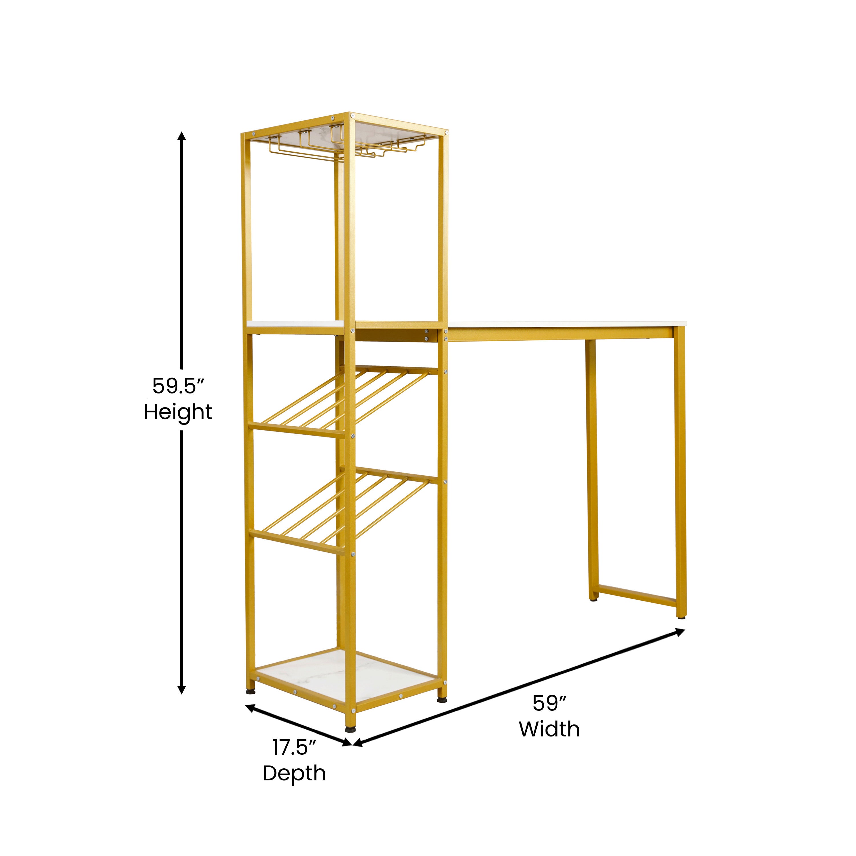 Jura Metal Bar and Wine Table with 2 Slanted Shelves for Bottle Storage and Hanging Glass Storage
