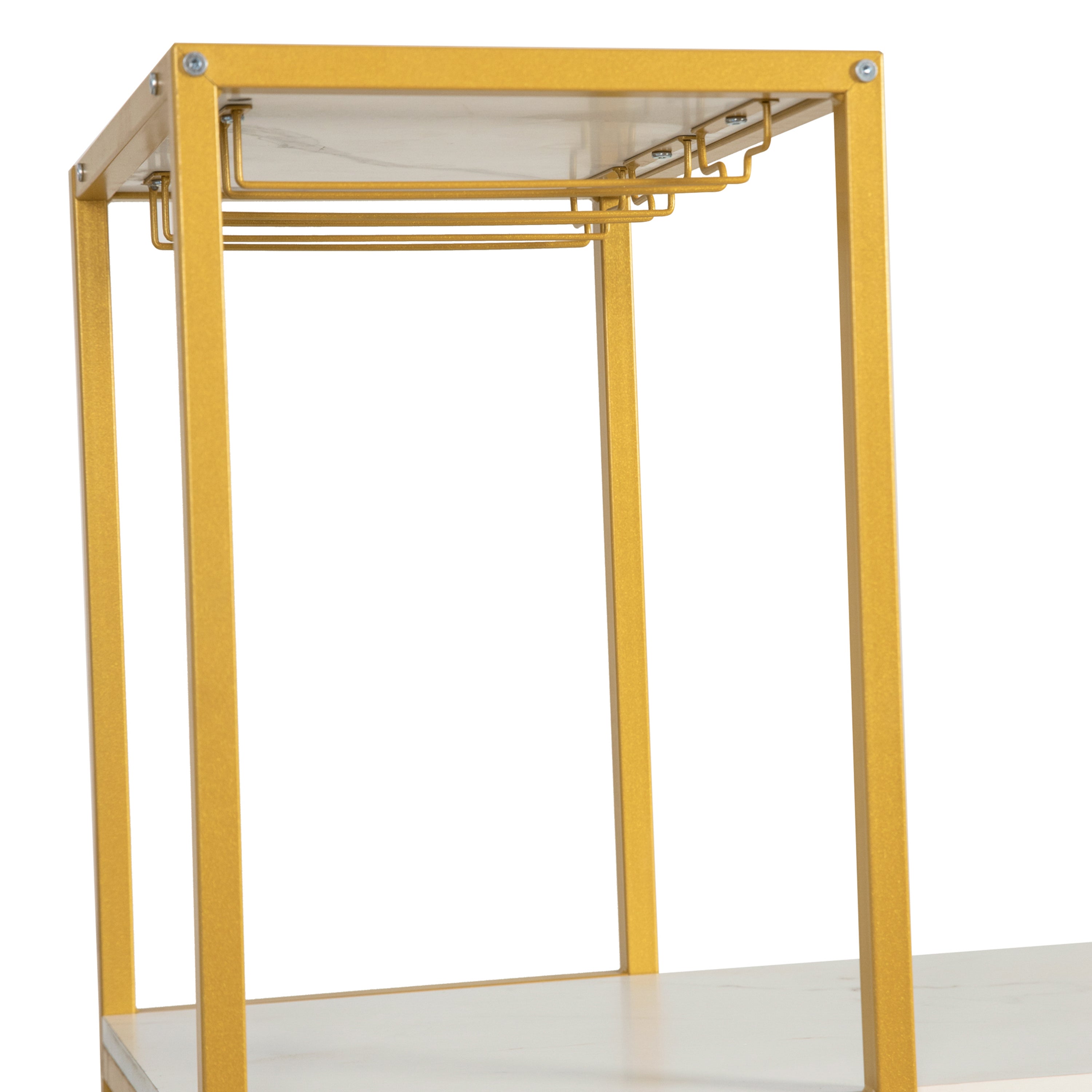 Jura Metal Bar and Wine Table with 2 Slanted Shelves for Bottle Storage and Hanging Glass Storage