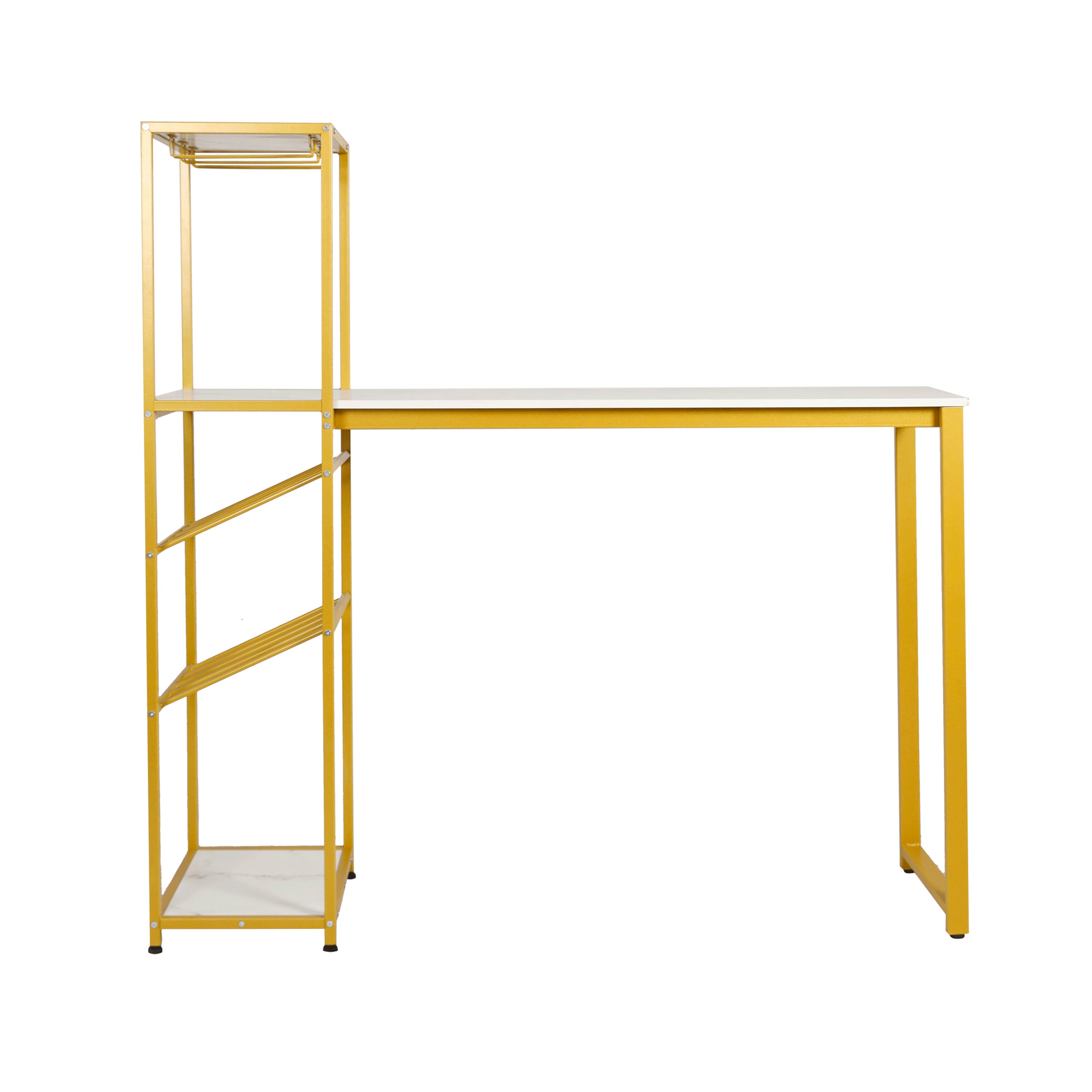Jura Metal Bar and Wine Table with 2 Slanted Shelves for Bottle Storage and Hanging Glass Storage