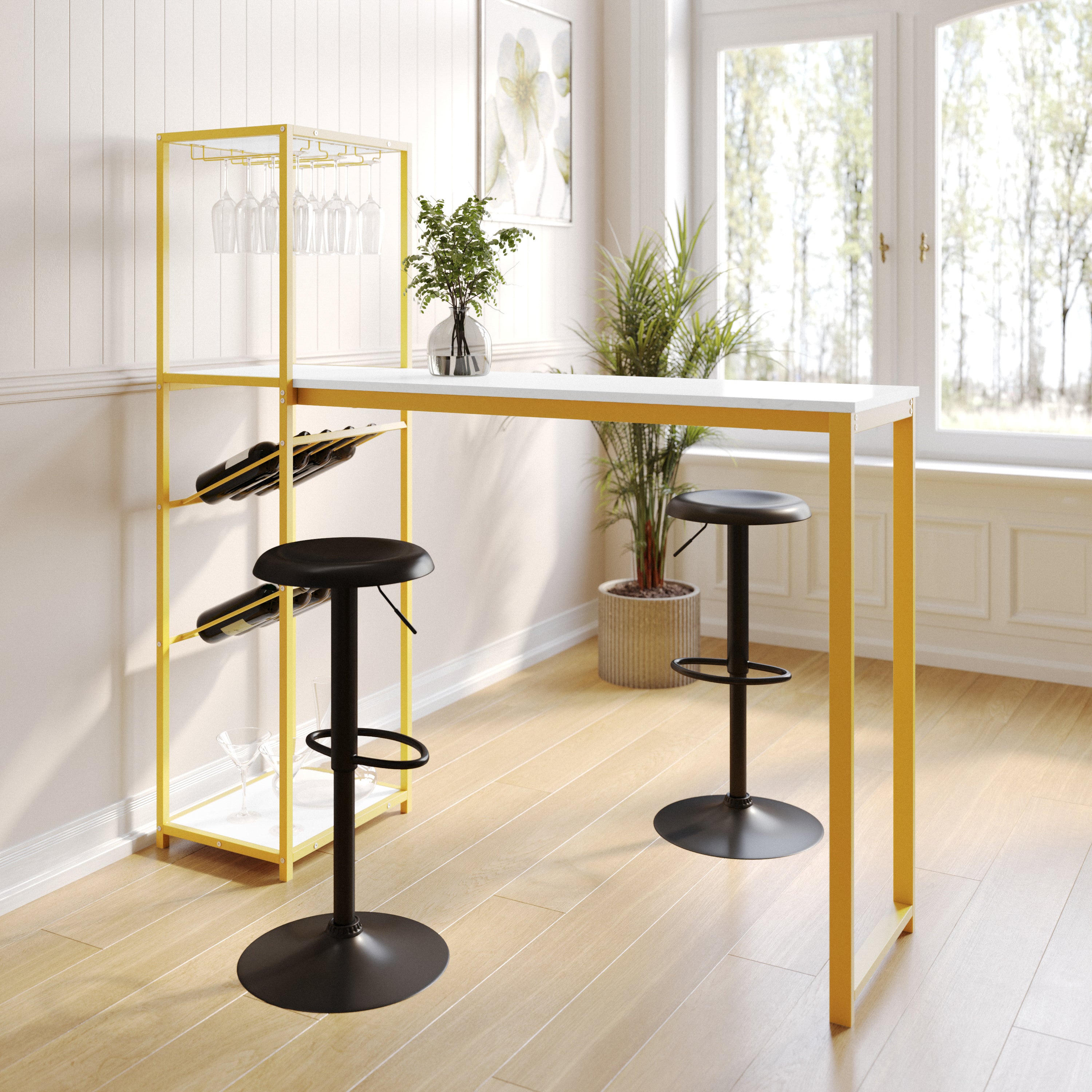 Jura Metal Bar and Wine Table with 2 Slanted Shelves for Bottle Storage and Hanging Glass Storage