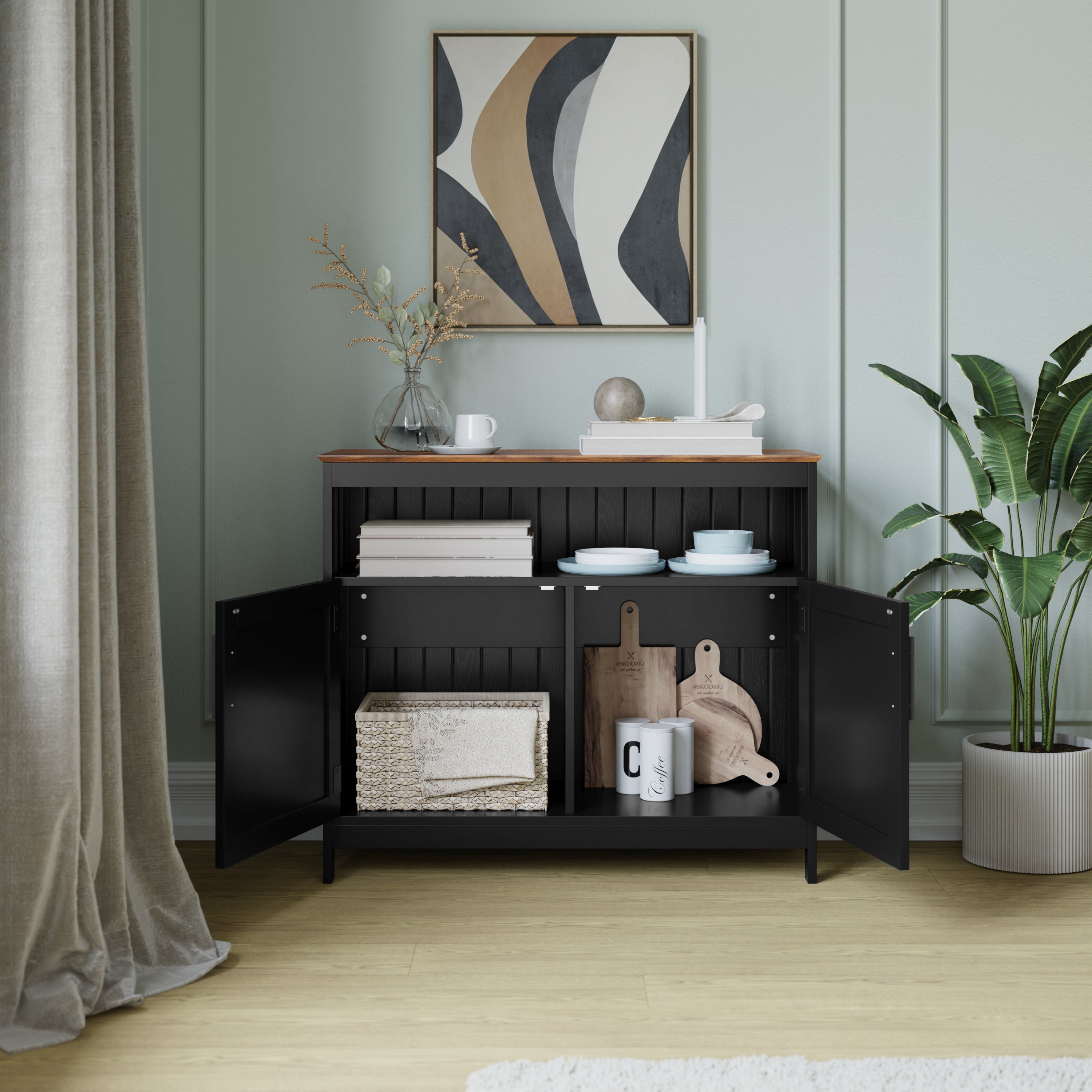 Mayfield Classic Buffet and Sideboard with Double Door Storage Cabinet and Open Storage Shelf