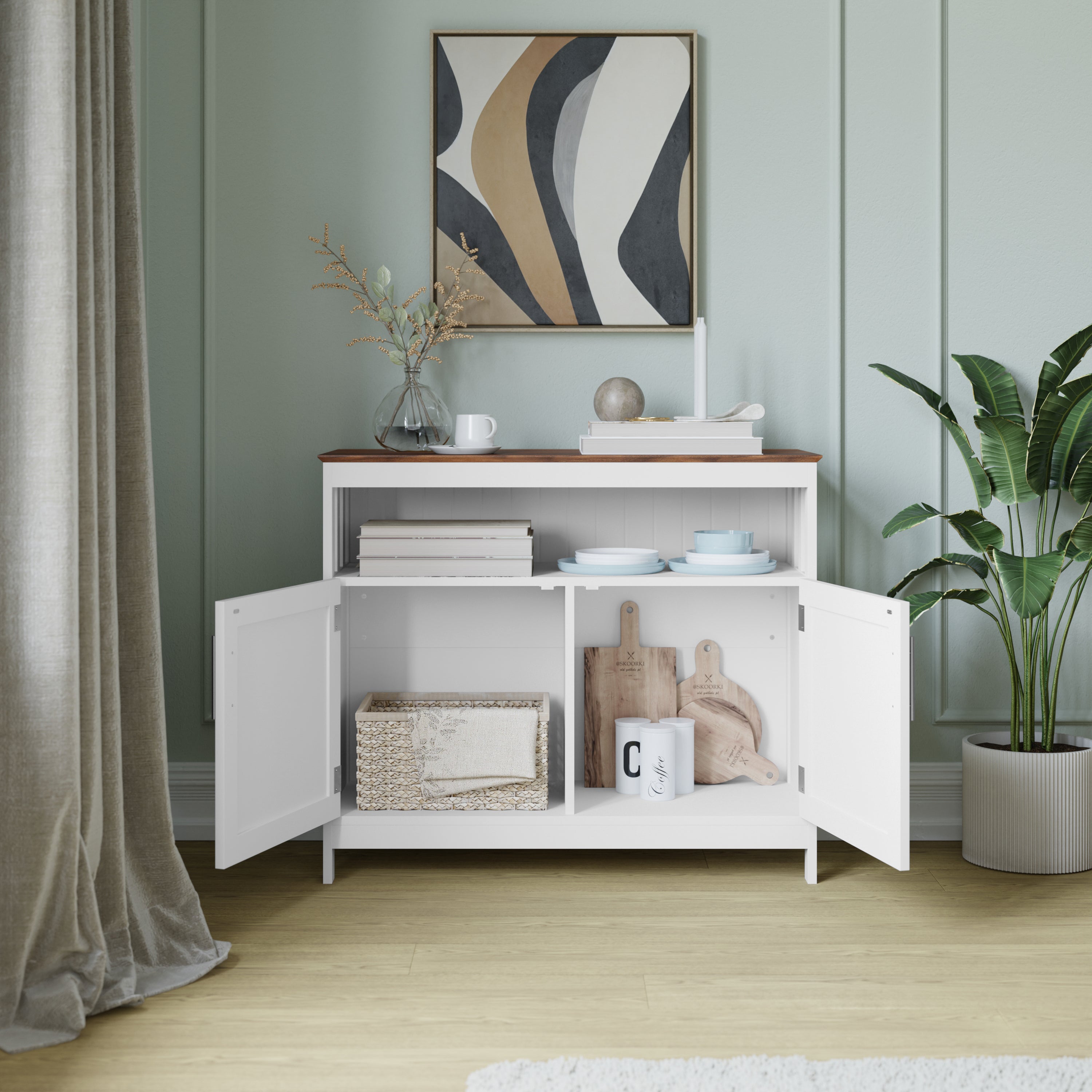 Mayfield Classic Buffet and Sideboard with Double Door Storage Cabinet and Open Storage Shelf