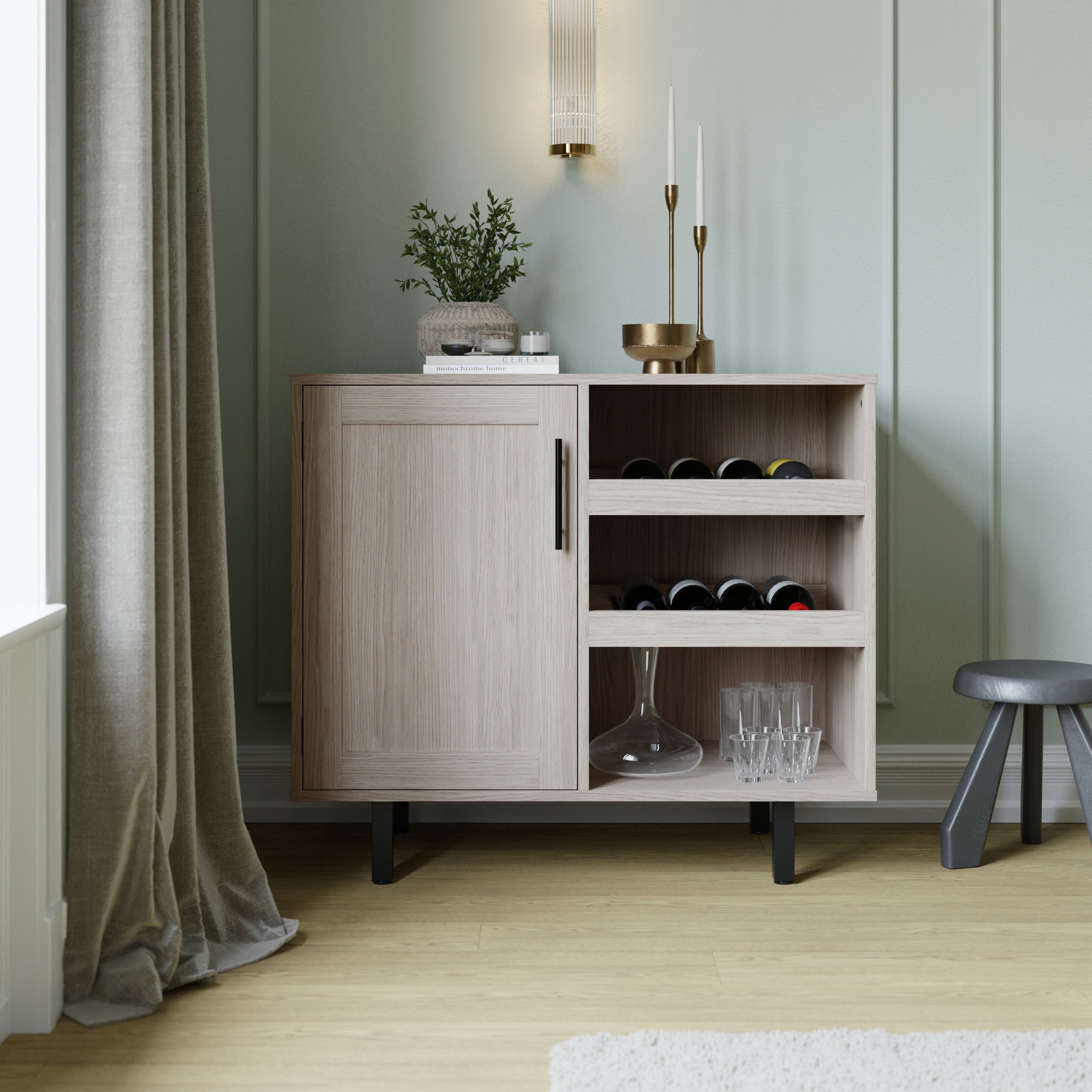 Elmont Classic Bar and Sideboard with Shaker Style Single Door Cabinet with Hanging Glass Storage and Open Bottle Shelves