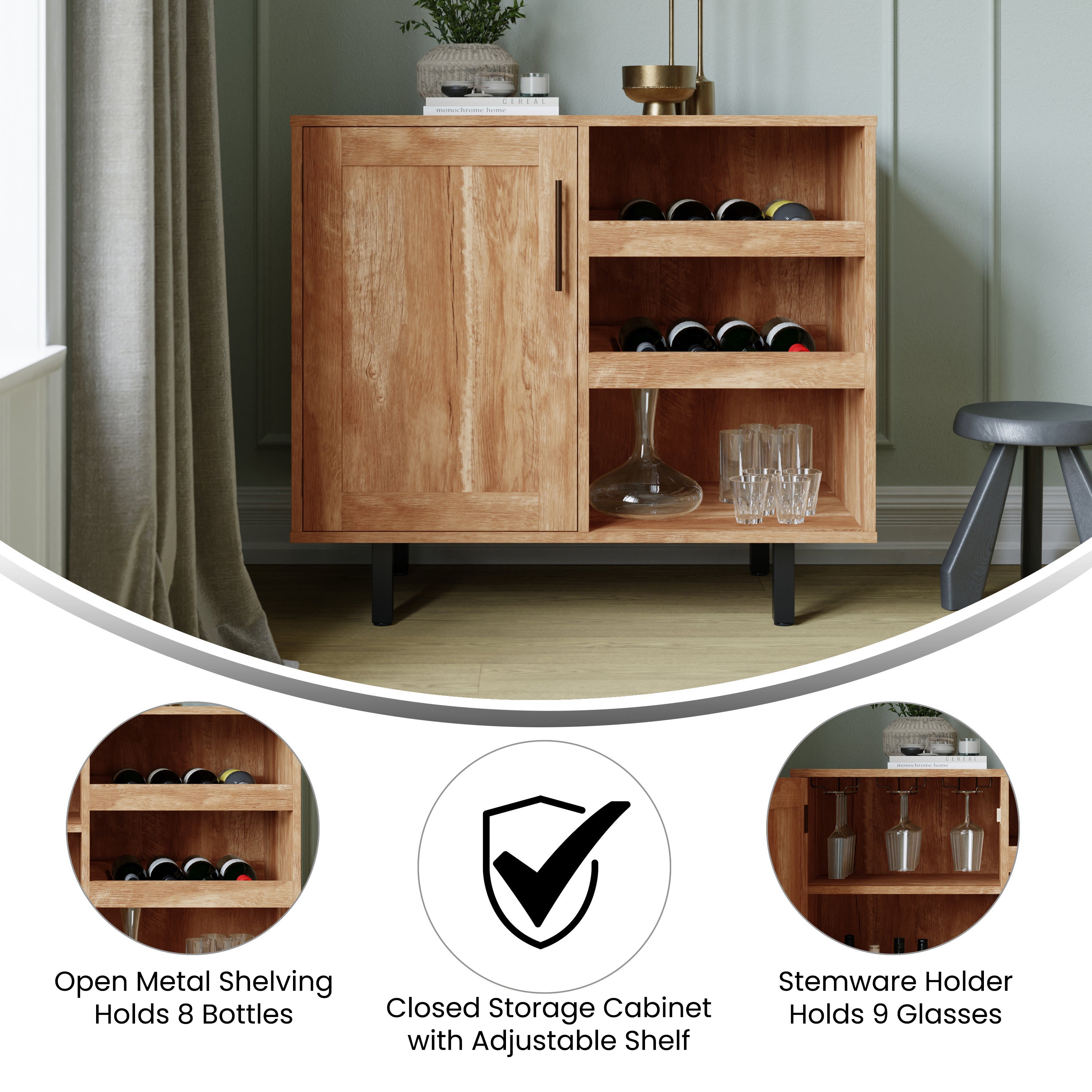Elmont Classic Bar and Sideboard with Shaker Style Single Door Cabinet with Hanging Glass Storage and Open Bottle Shelves