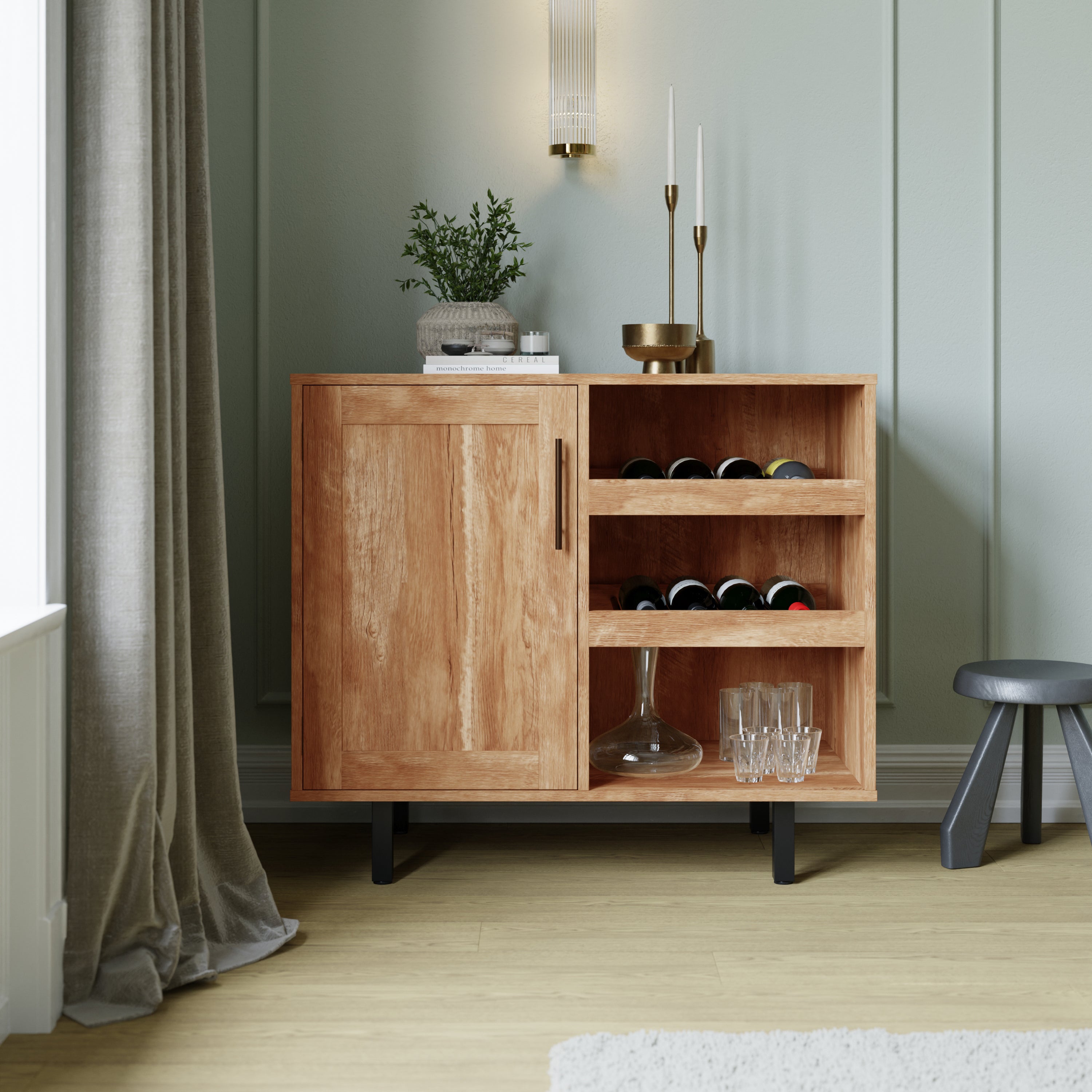 Elmont Classic Bar and Sideboard with Shaker Style Single Door Cabinet with Hanging Glass Storage and Open Bottle Shelves
