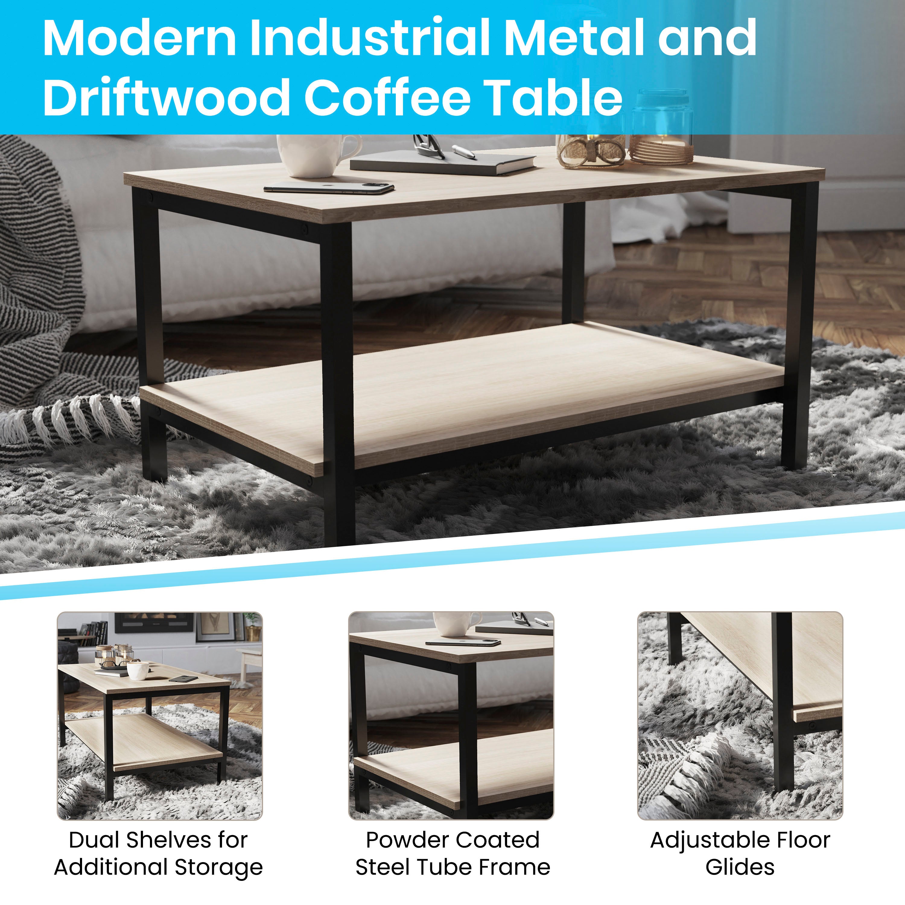Finley Modern Industrial 2 Tier Coffee Table