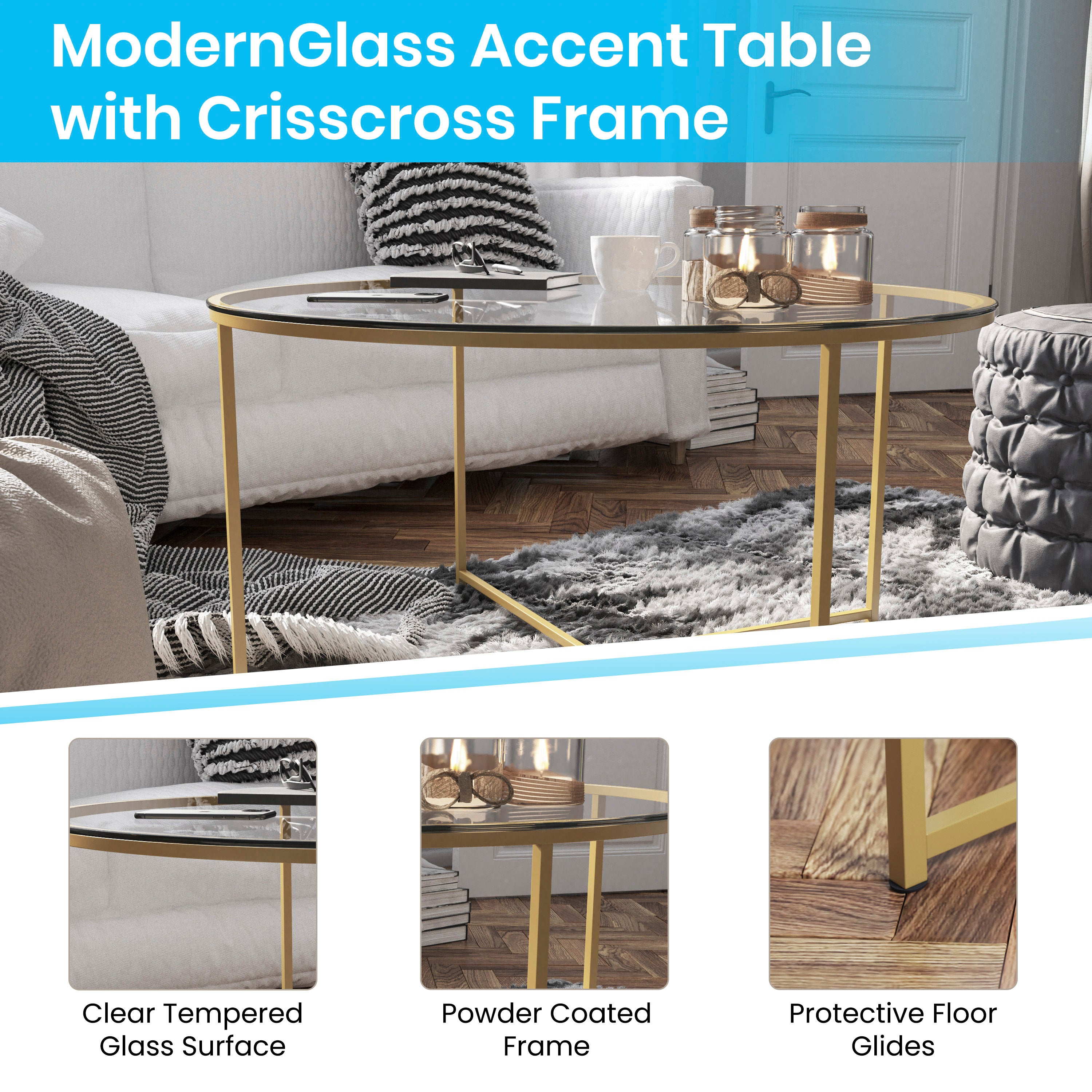 Greenwich Collection Coffee Table - Modern Glass Accent Table with Crisscross Frame