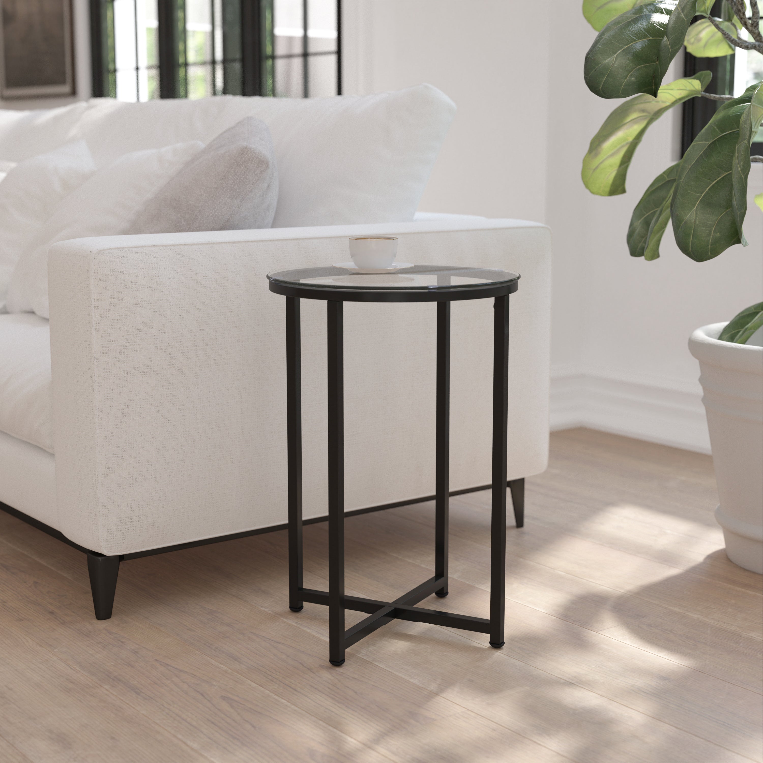 Greenwich Collection End Table - Modern Glass Accent Table with Crisscross Frame