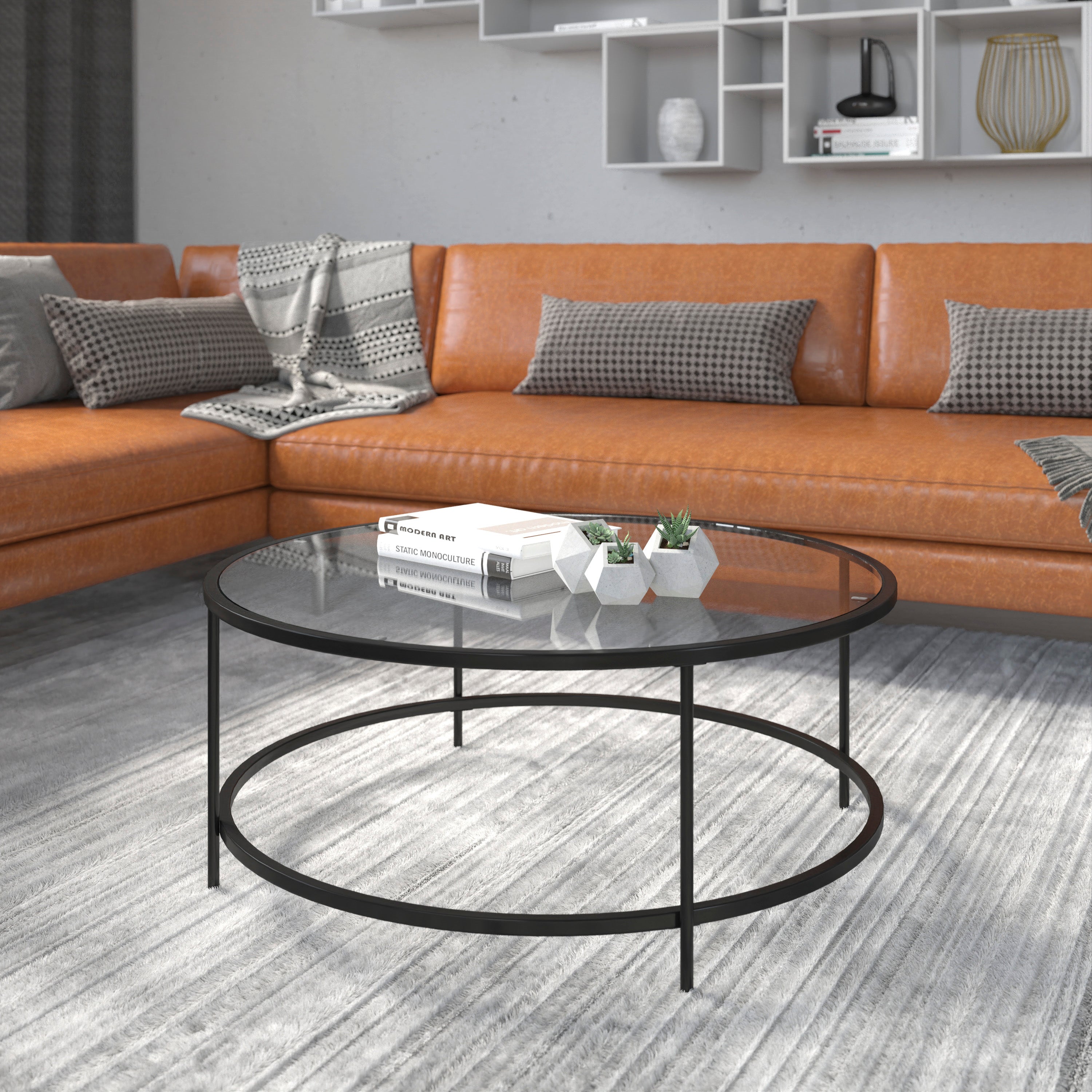 Astoria Collection Round Coffee Table - Modern Glass Coffee Table with Metal Frame