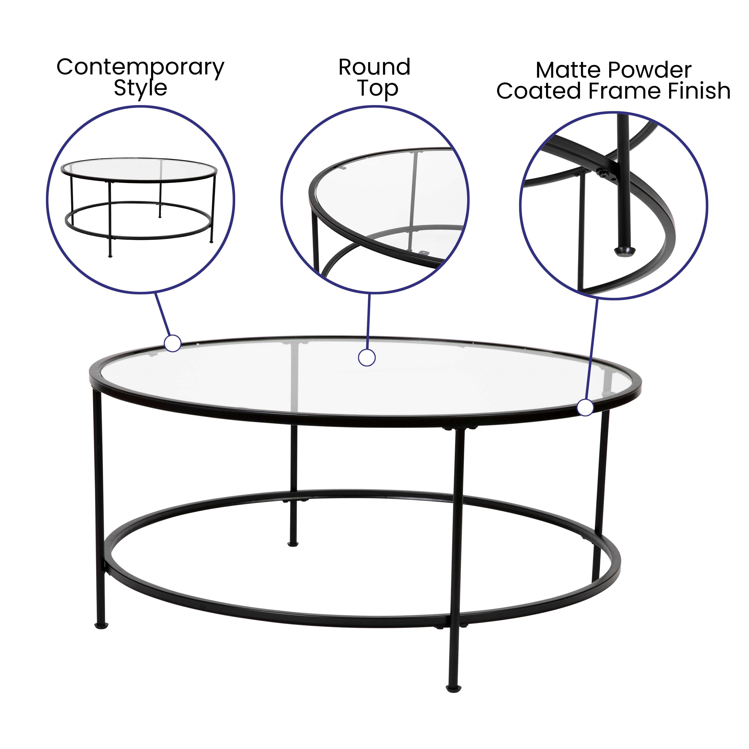 Astoria Collection Round Coffee Table - Modern Glass Coffee Table with Metal Frame