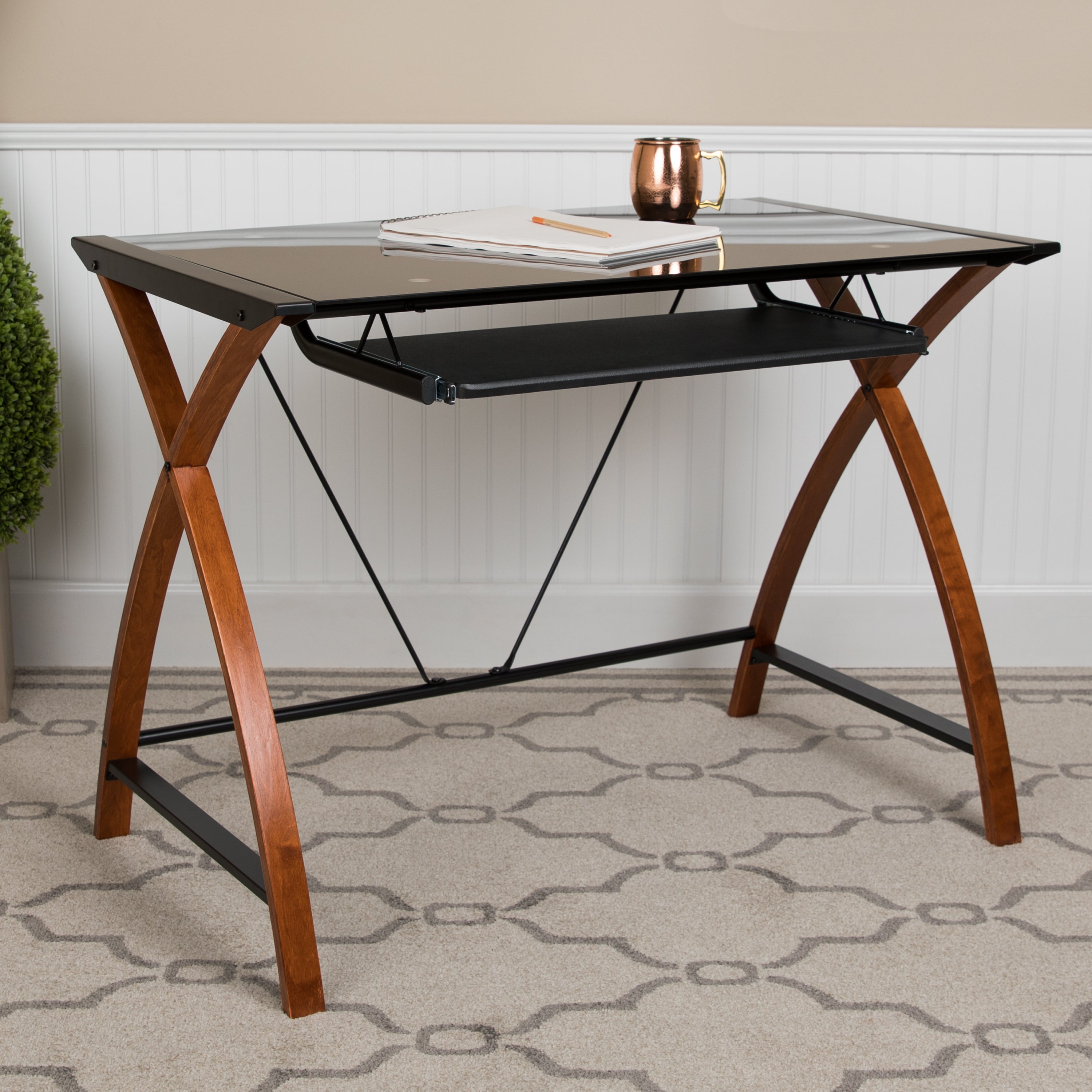 Glass Computer Desk with Pull-Out Keyboard Tray and Crisscross Frame