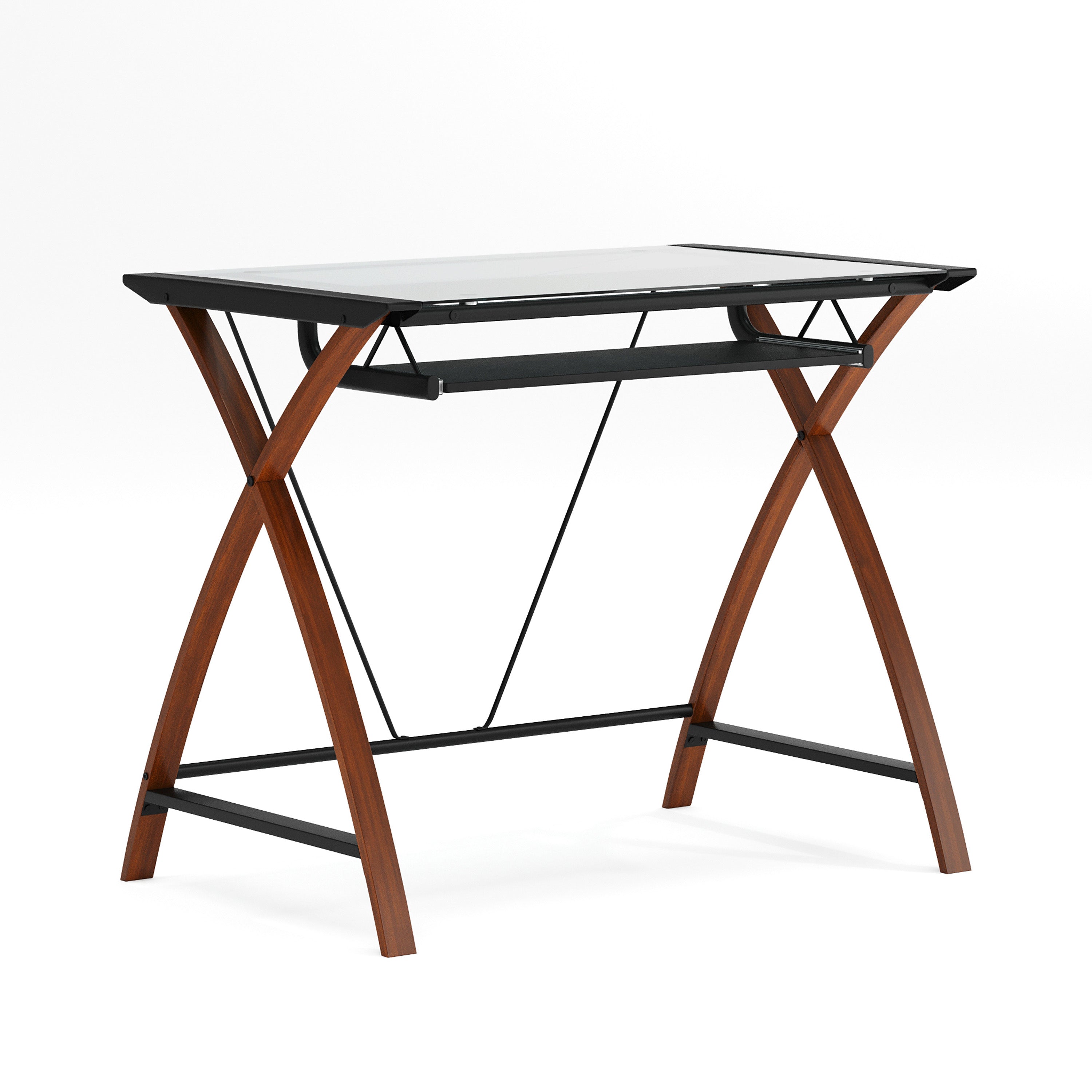Glass Computer Desk with Pull-Out Keyboard Tray and Crisscross Frame