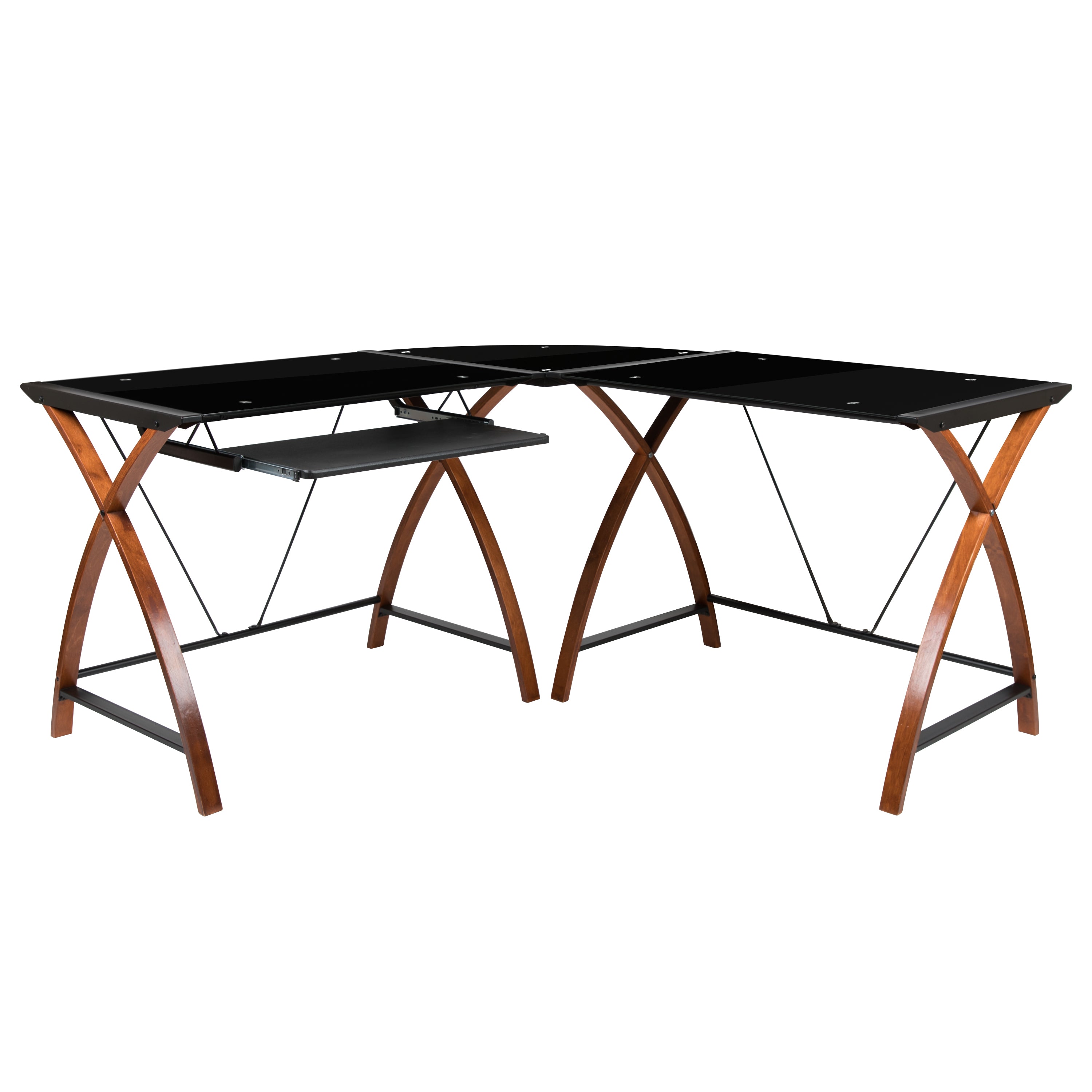 Glass L-Shape Corner Computer Desk with Pull-Out Keyboard Tray