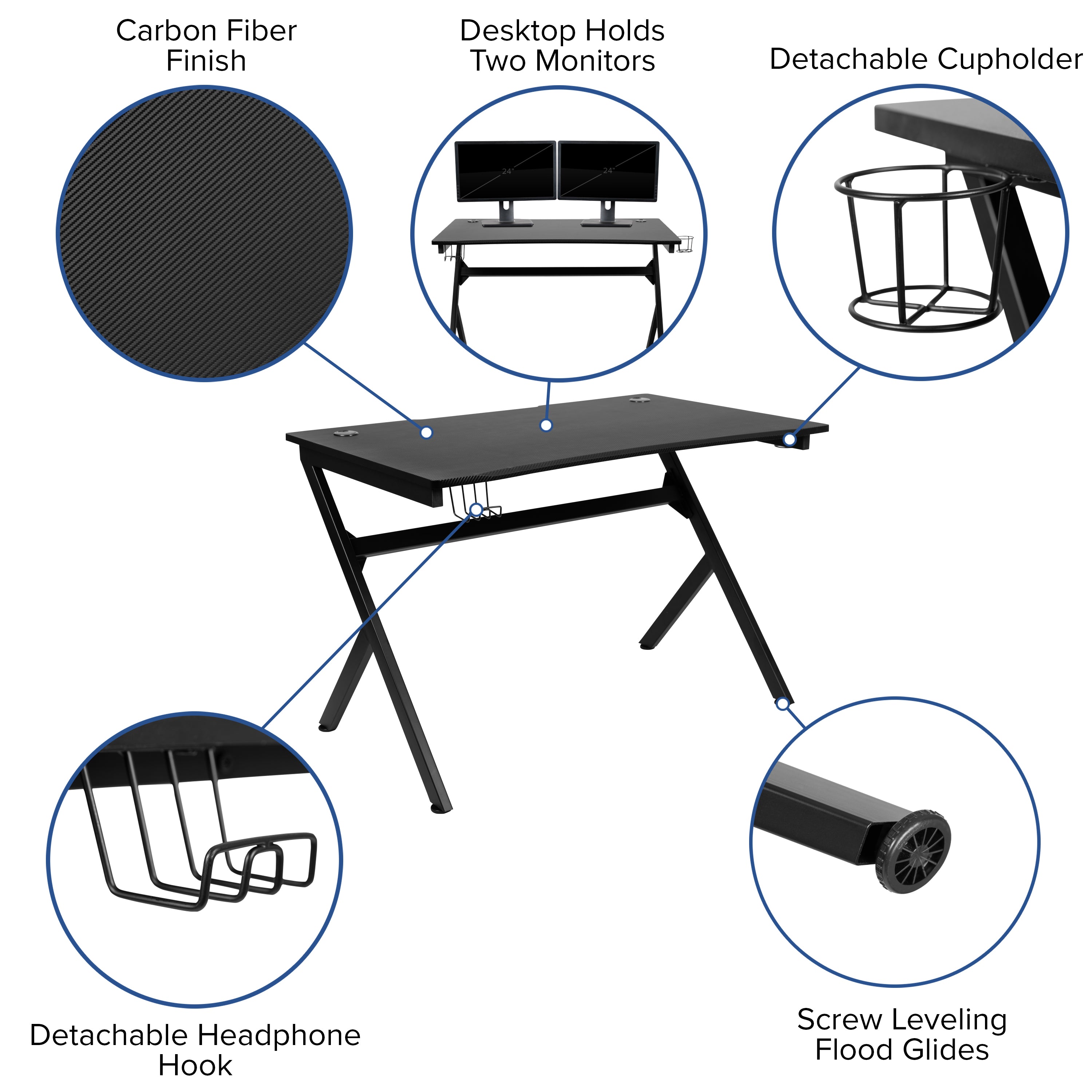 Gaming Desk 45.25" x 29" Computer Table Gamer Workstation with Headphone Holder and 2 Cable Management Holes
