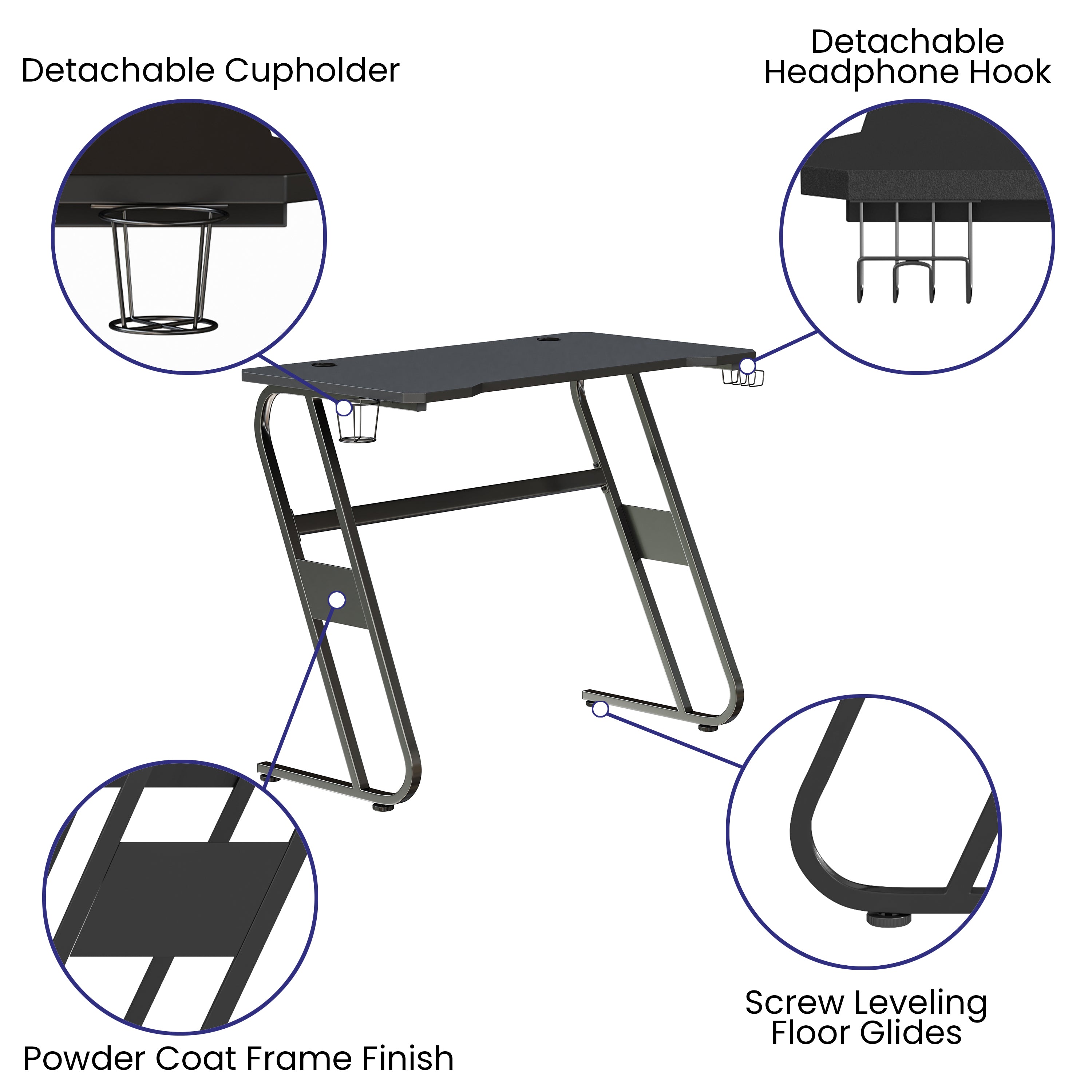 Gaming Ergonomic Desk with Cup Holder and Headphone Hook
