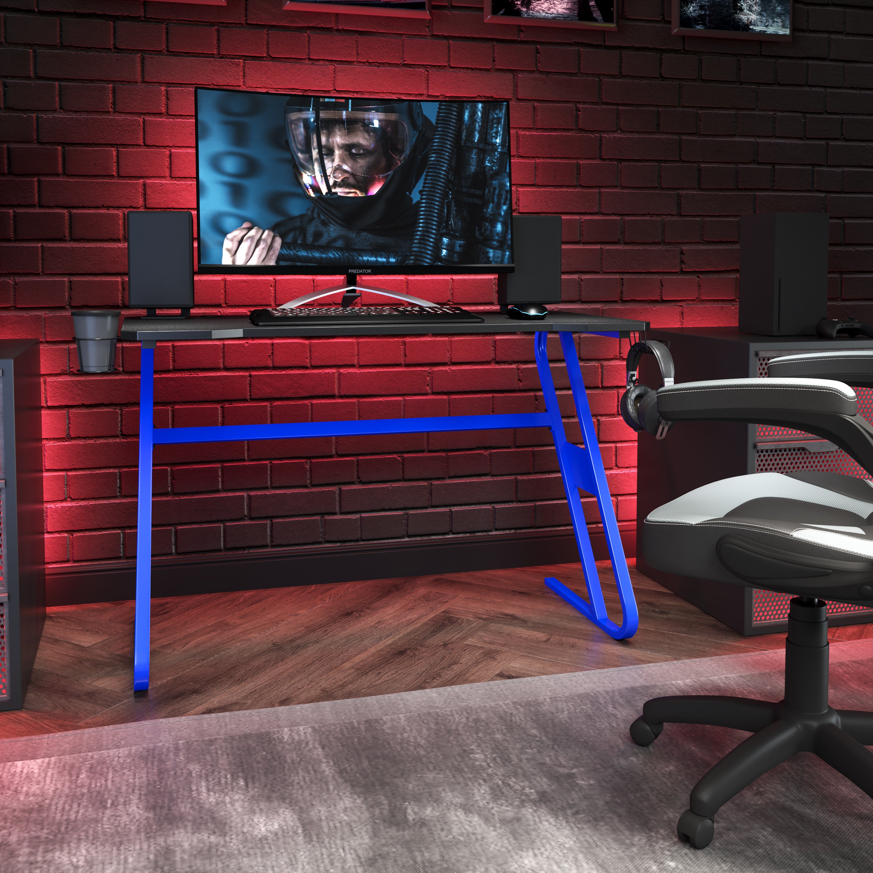 Gaming Ergonomic Desk with Cup Holder and Headphone Hook