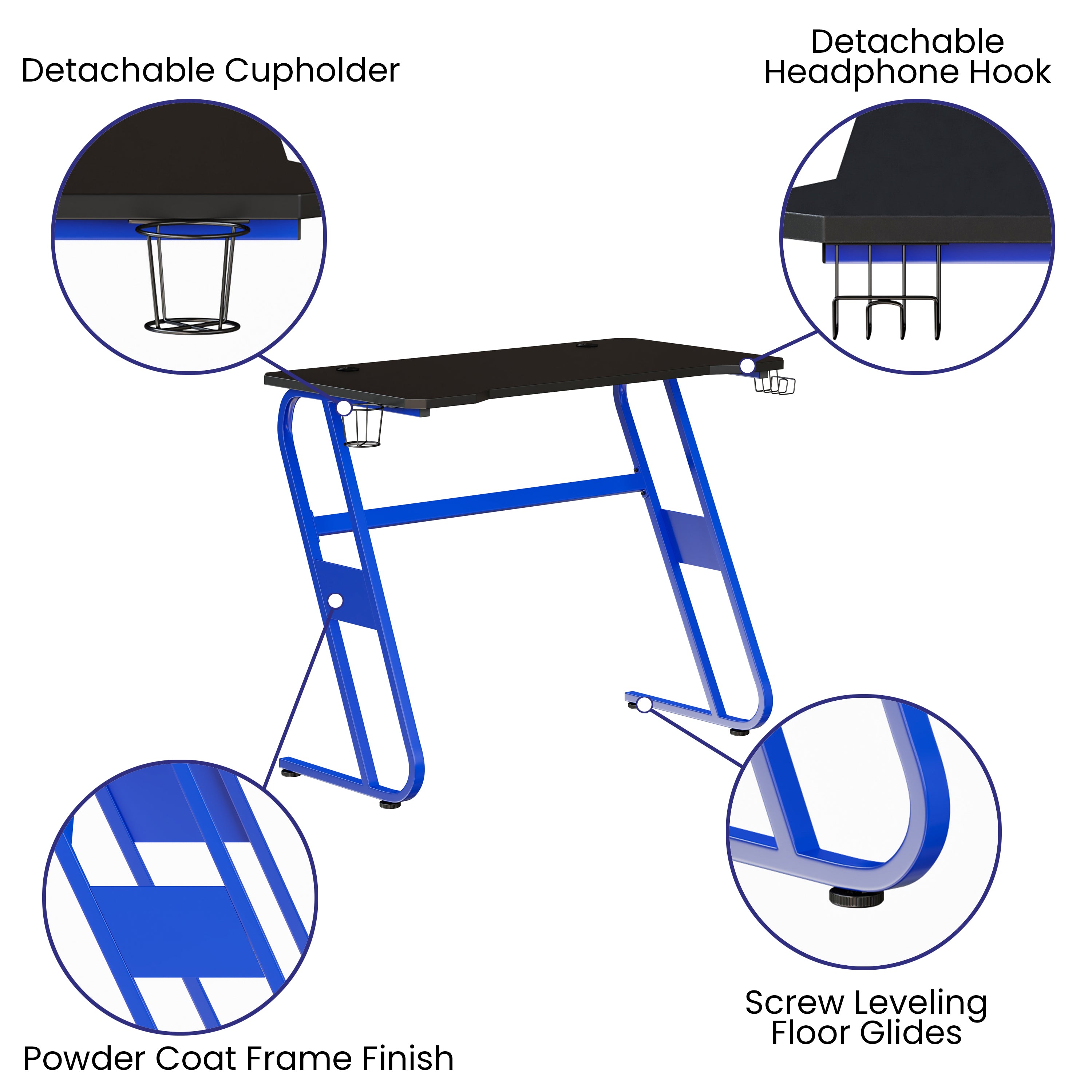 Gaming Ergonomic Desk with Cup Holder and Headphone Hook