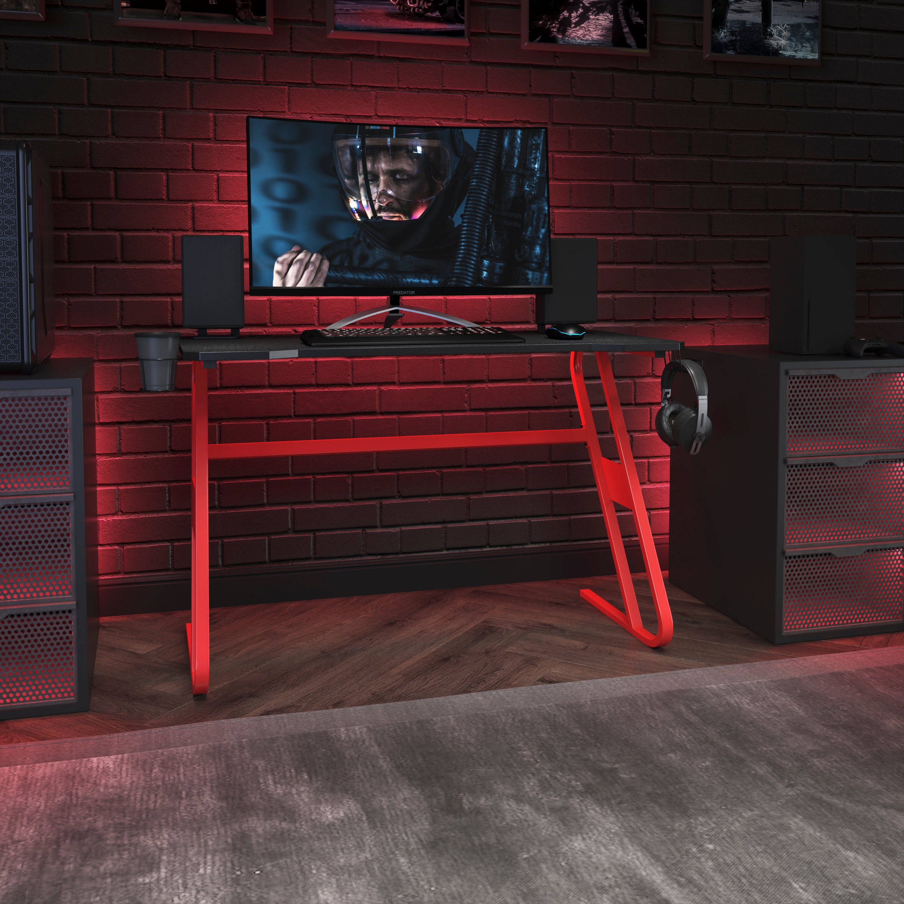 Gaming Ergonomic Desk with Cup Holder and Headphone Hook