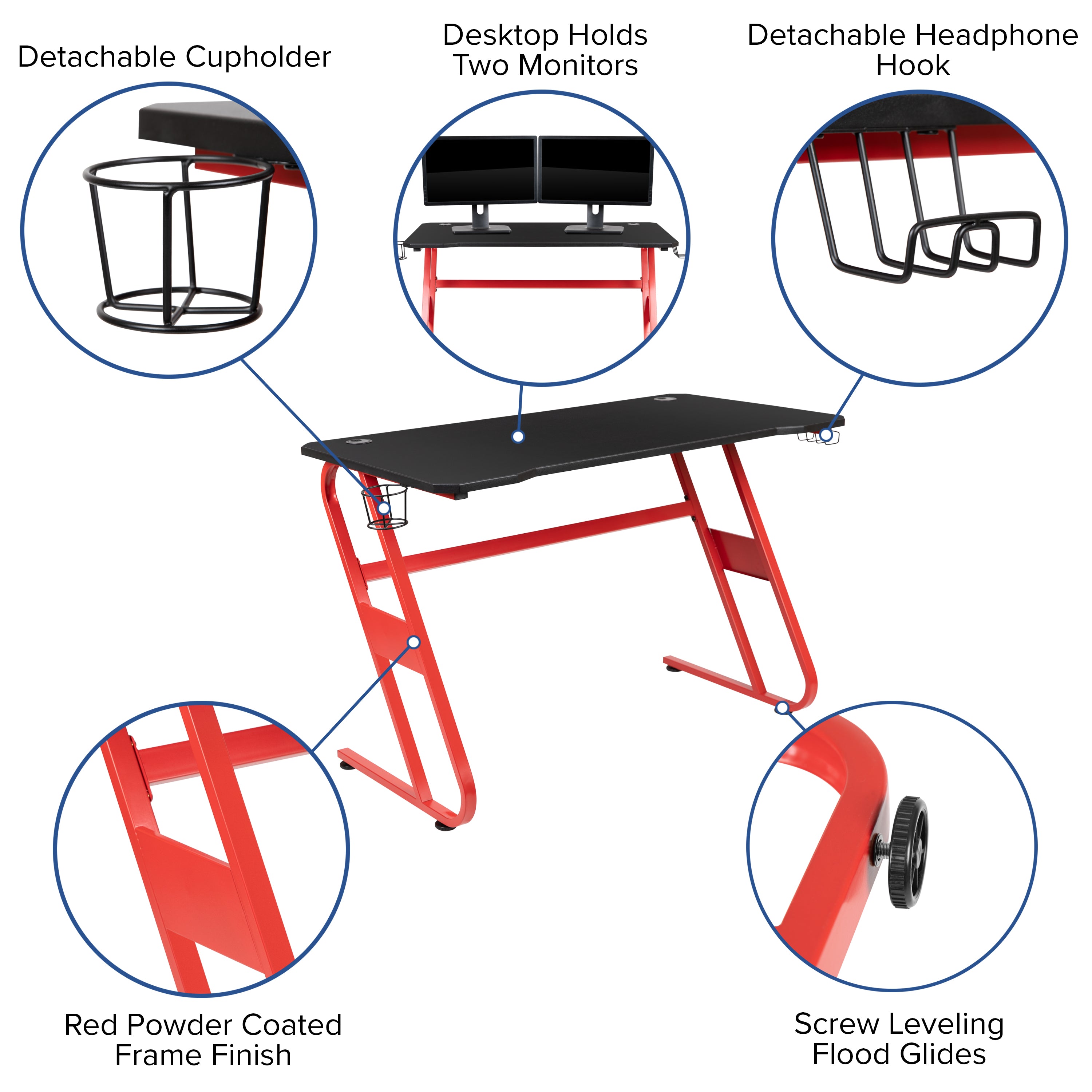 Gaming Ergonomic Desk with Cup Holder and Headphone Hook