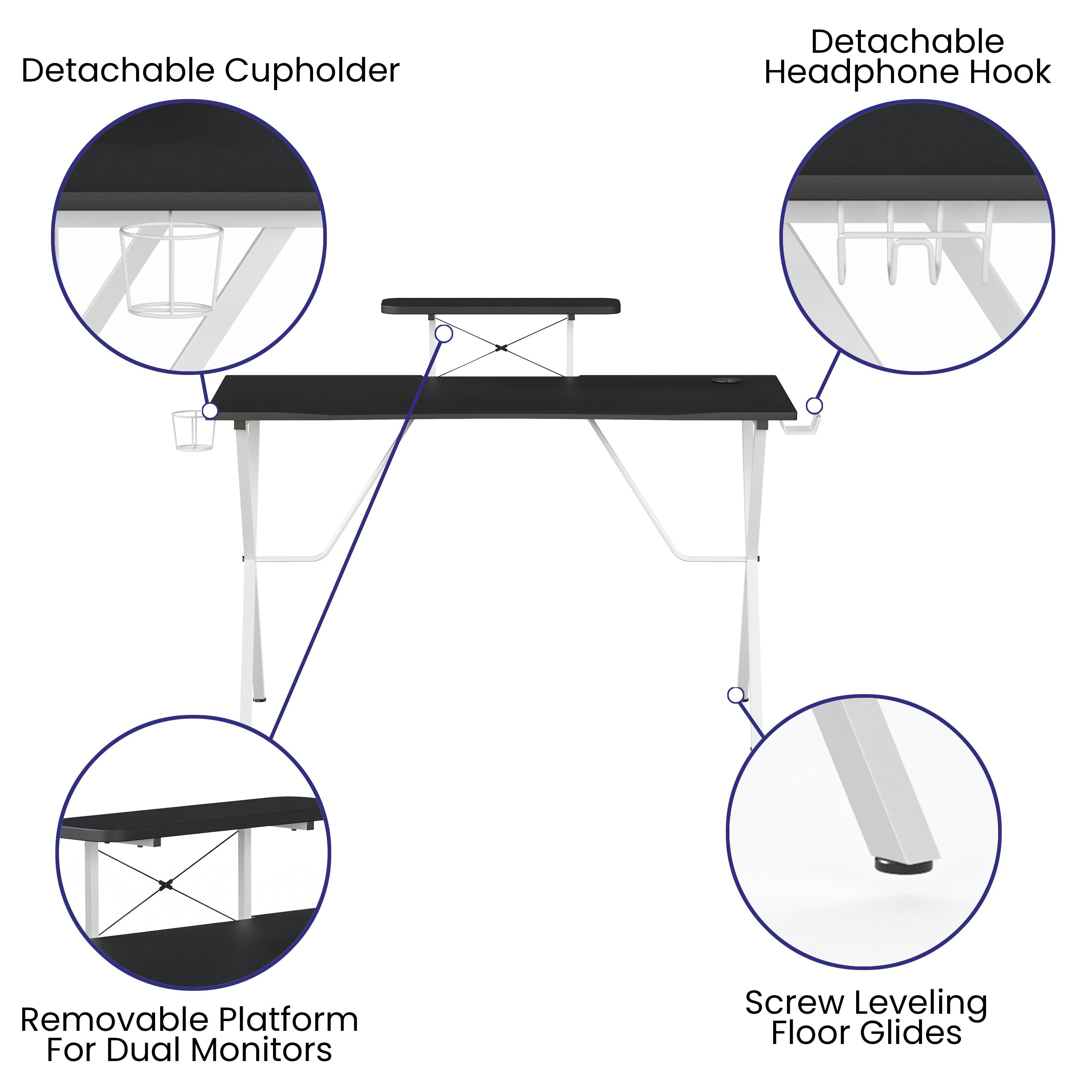 Gaming Desk with Cup Holder, Headphone Hook, and Monitor/Smartphone Stand