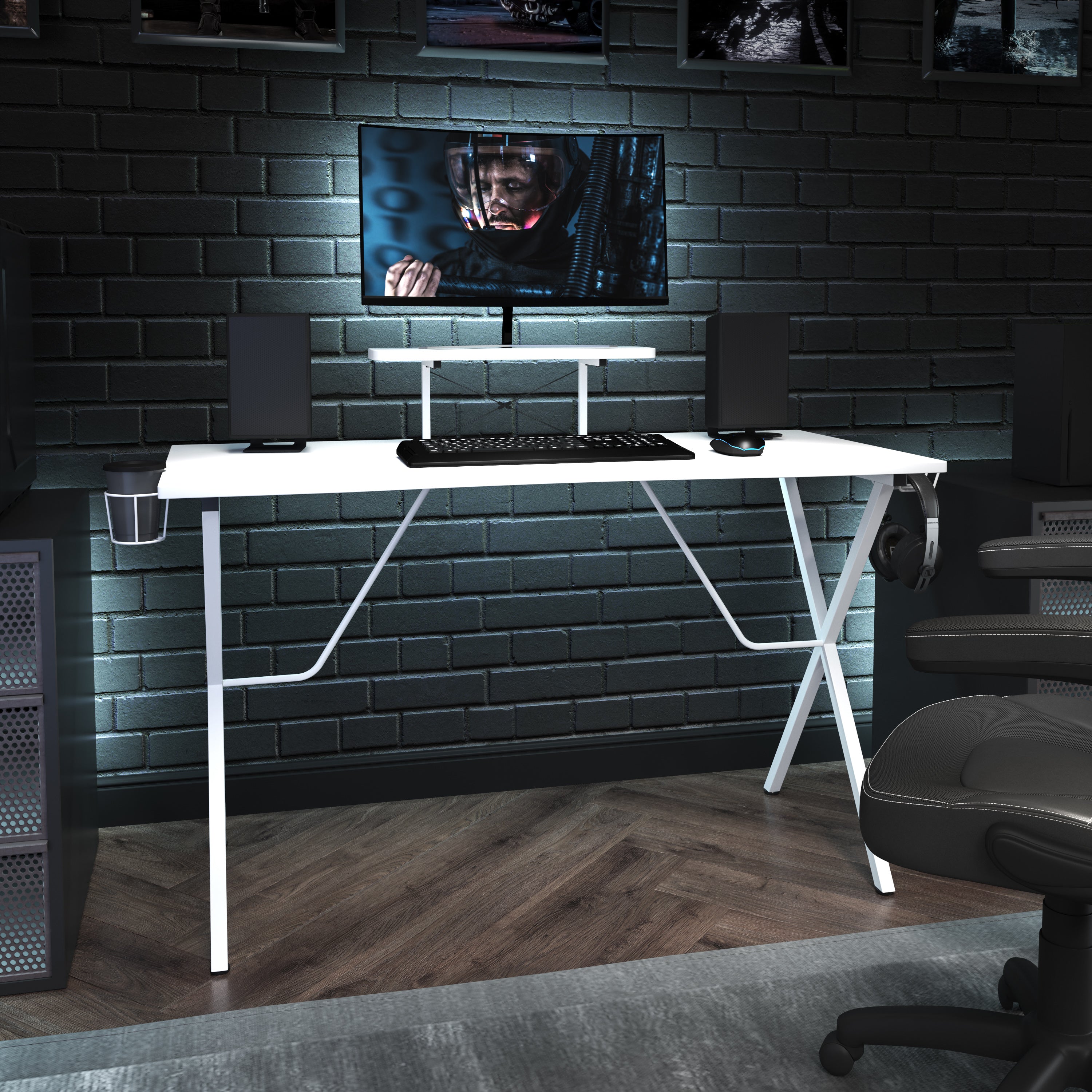 Gaming Desk with Cup Holder, Headphone Hook, and Monitor/Smartphone Stand