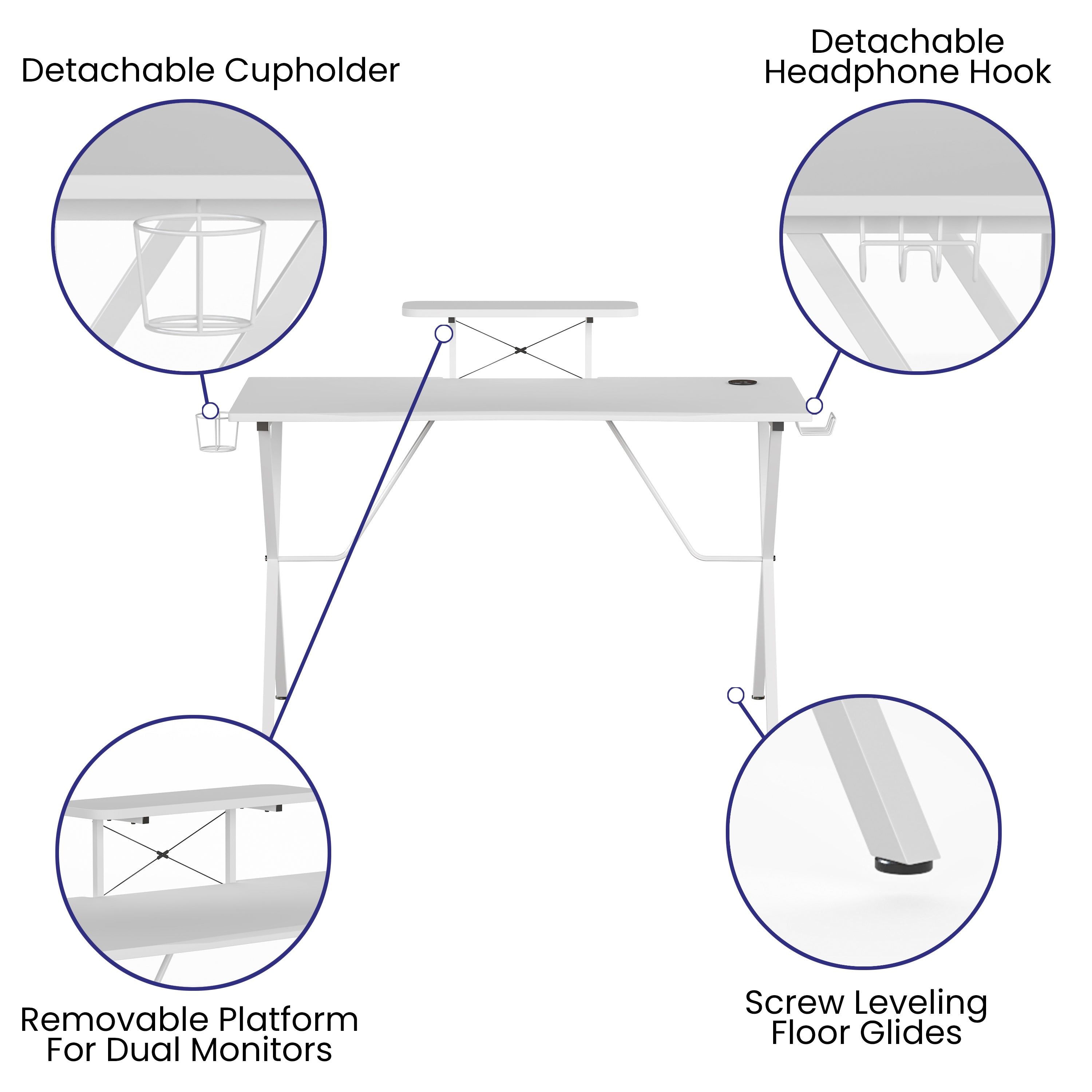Gaming Desk with Cup Holder, Headphone Hook, and Monitor/Smartphone Stand