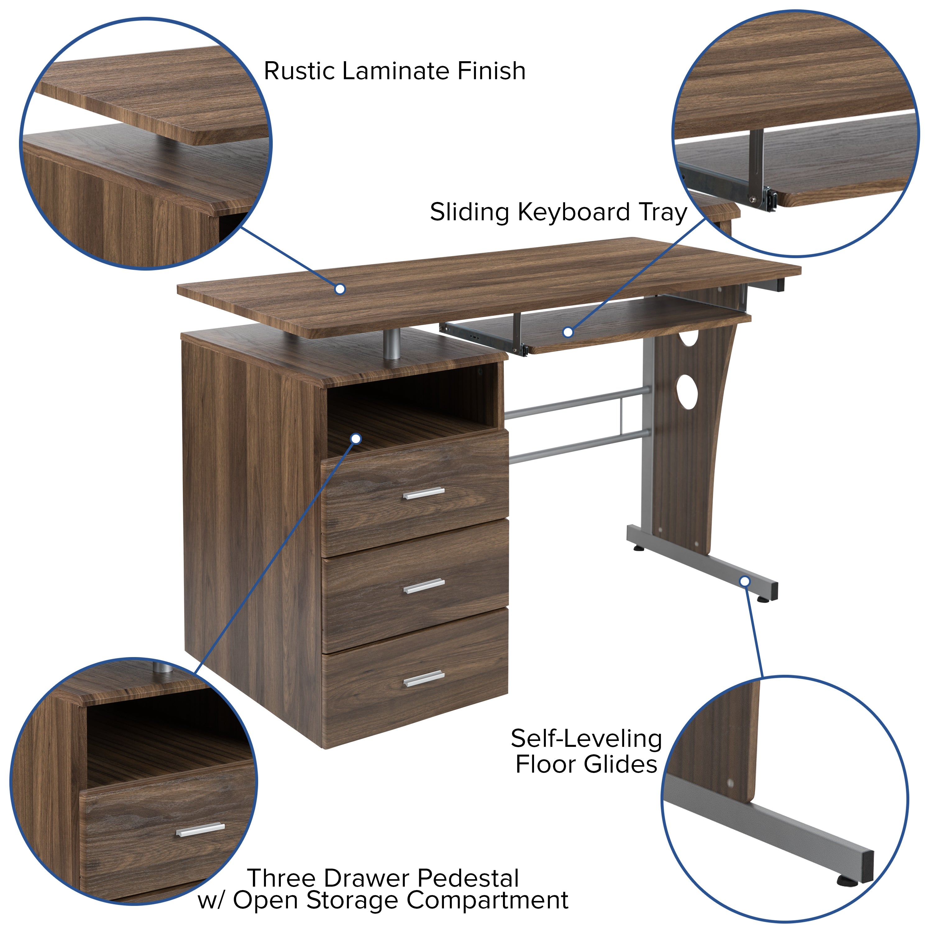 Computer Desk with Three Drawer Single Pedestal and Pull-Out Keyboard Tray