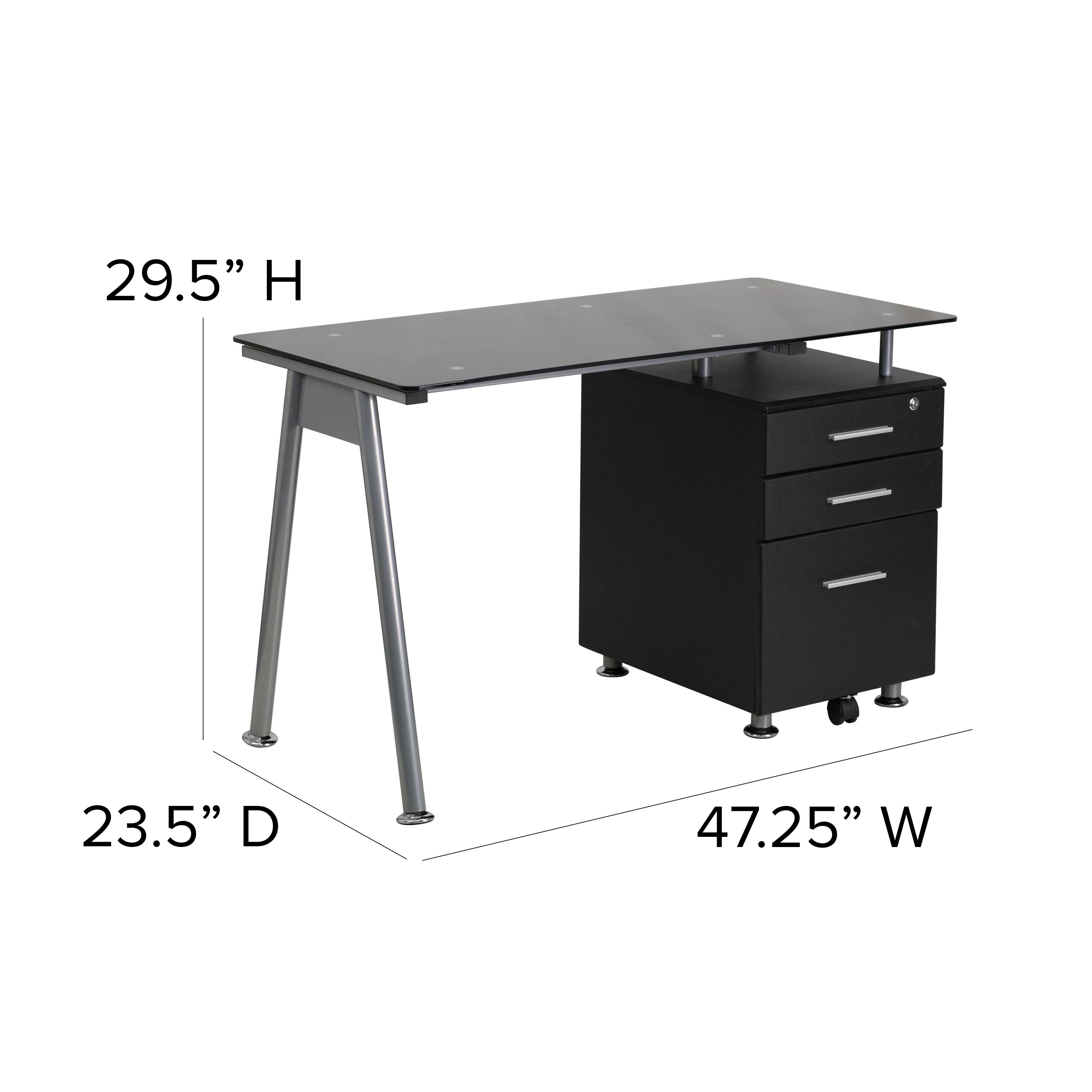 Glass Computer Desk with Three Drawer Pedestal