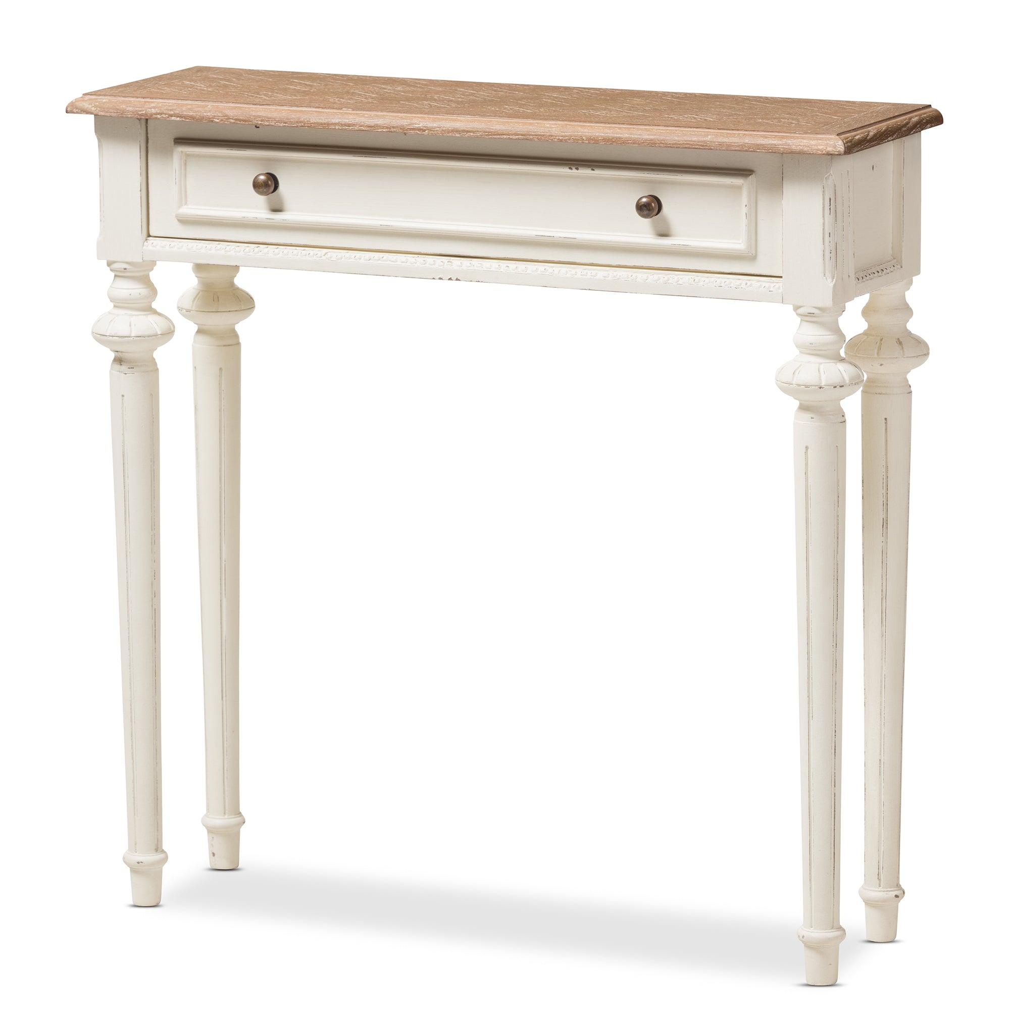 Marquetterie French Provincial Style Weathered and Wash Distressed Finish Wood Two-Tone Console Table
