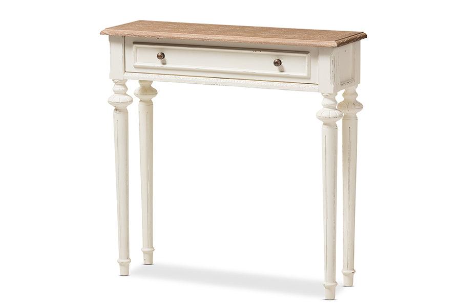 Marquetterie French Provincial Style Weathered and Wash Distressed Finish Wood Two-Tone Console Table