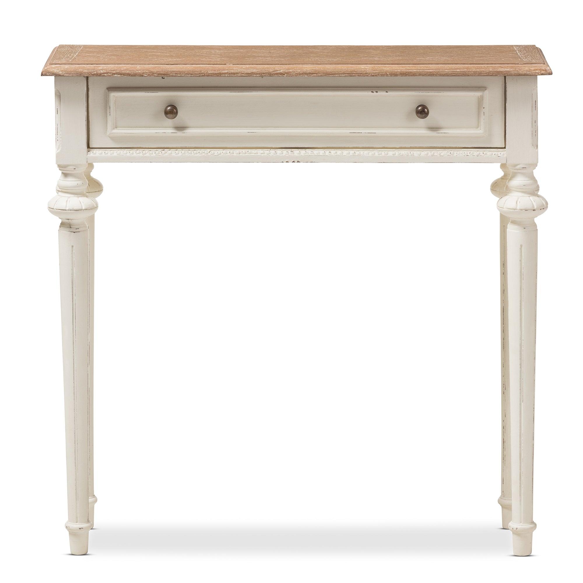 Marquetterie French Provincial Style Weathered and Wash Distressed Finish Wood Two-Tone Console Table