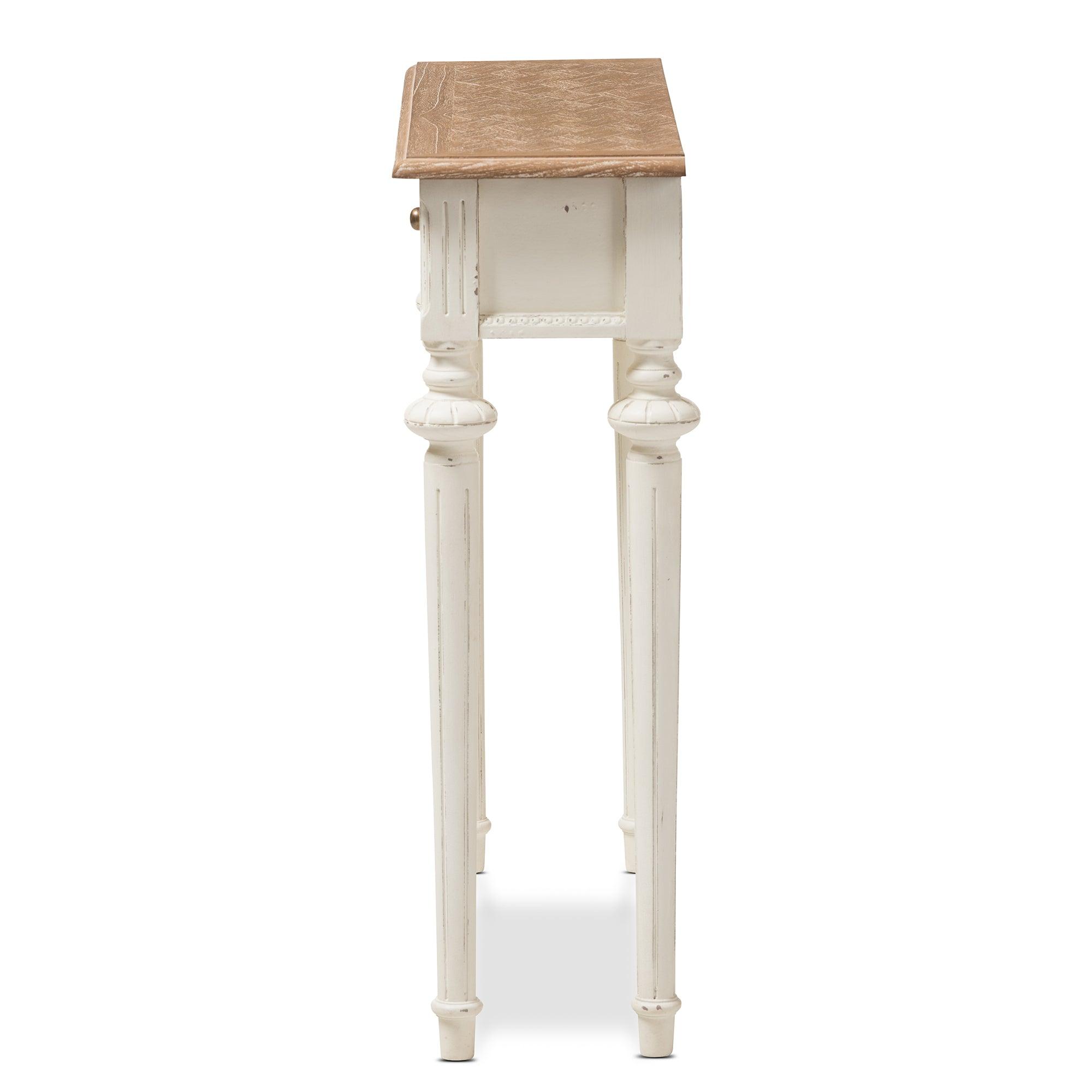Marquetterie French Provincial Style Weathered and Wash Distressed Finish Wood Two-Tone Console Table