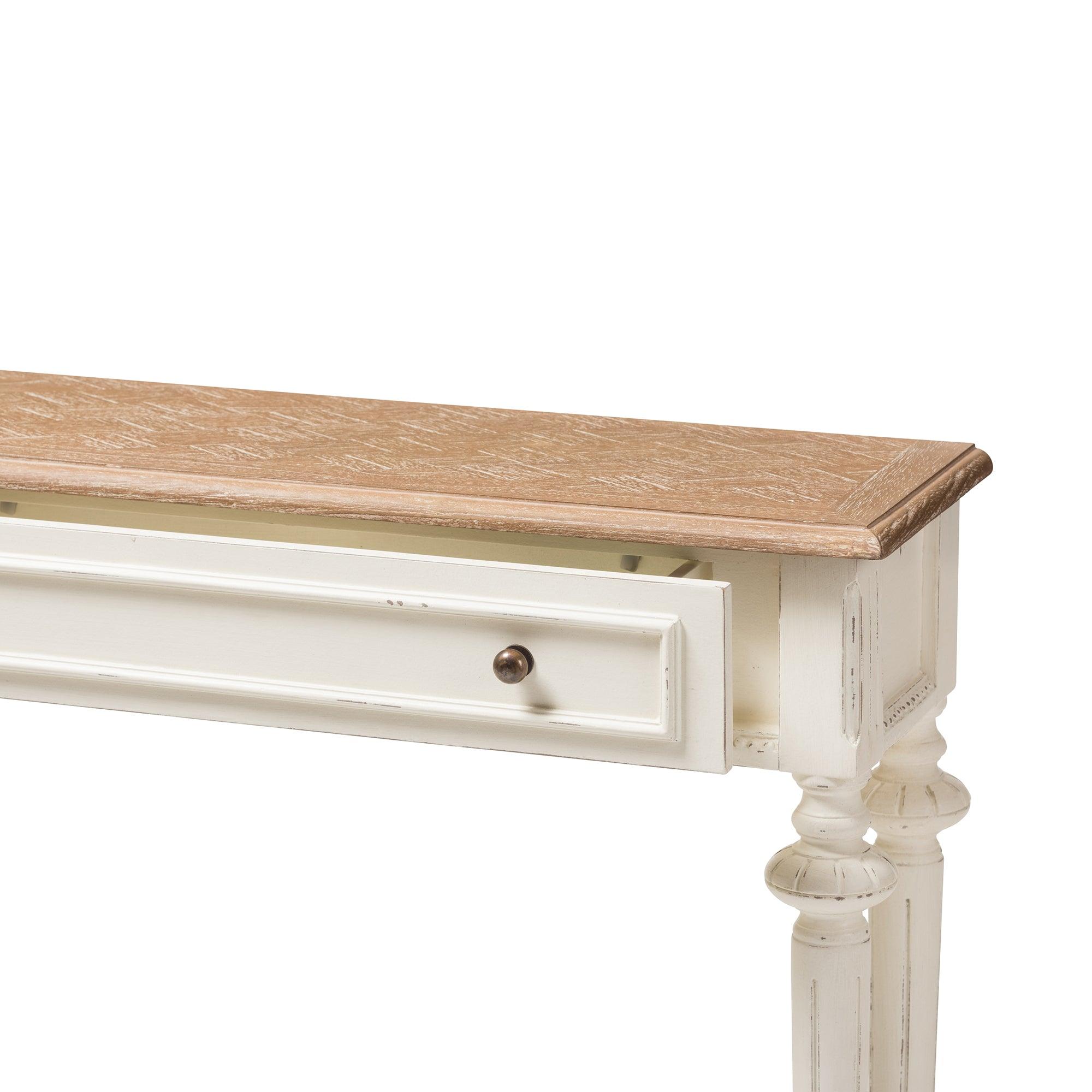 Marquetterie French Provincial Style Weathered and Wash Distressed Finish Wood Two-Tone Console Table