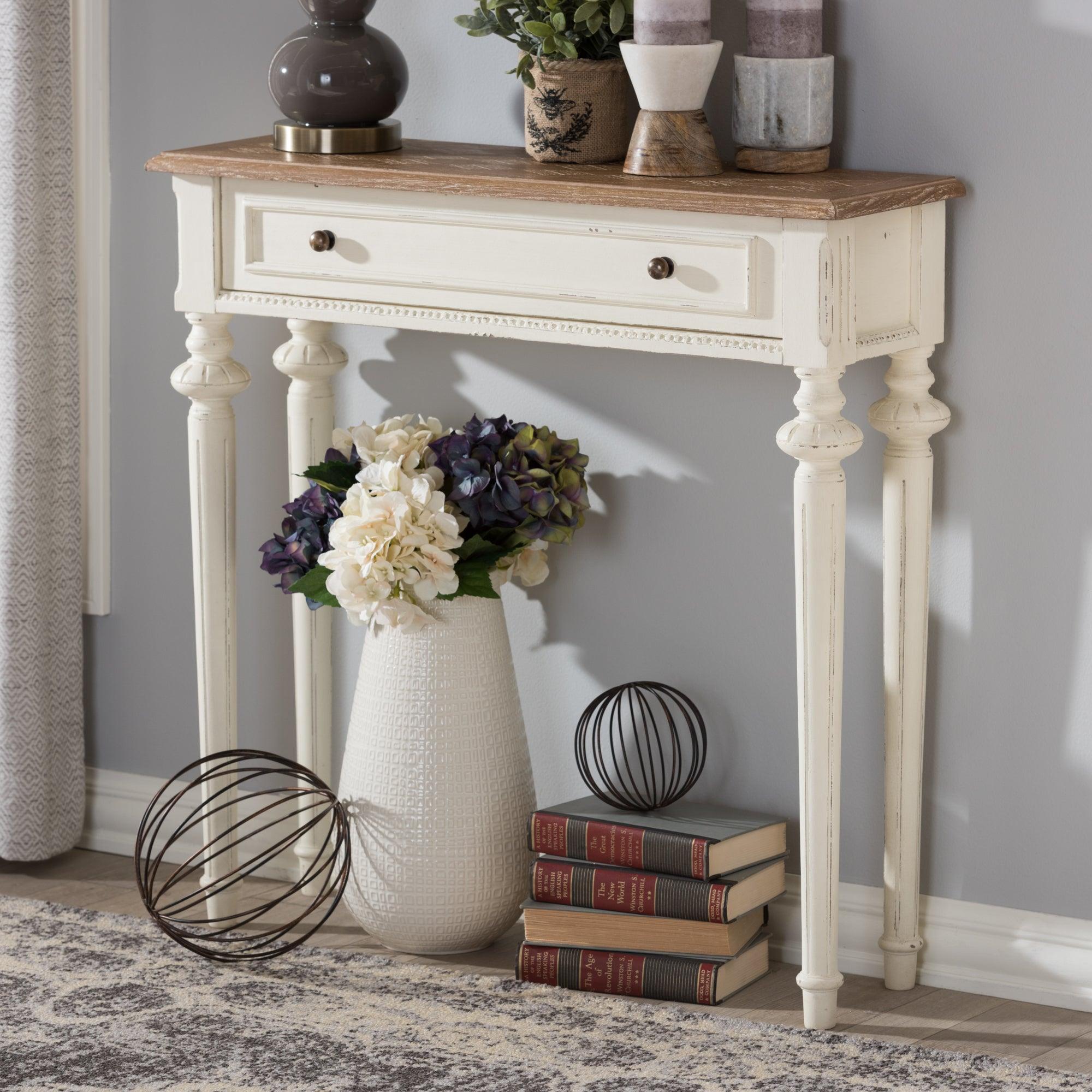 Marquetterie French Provincial Style Weathered and Wash Distressed Finish Wood Two-Tone Console Table