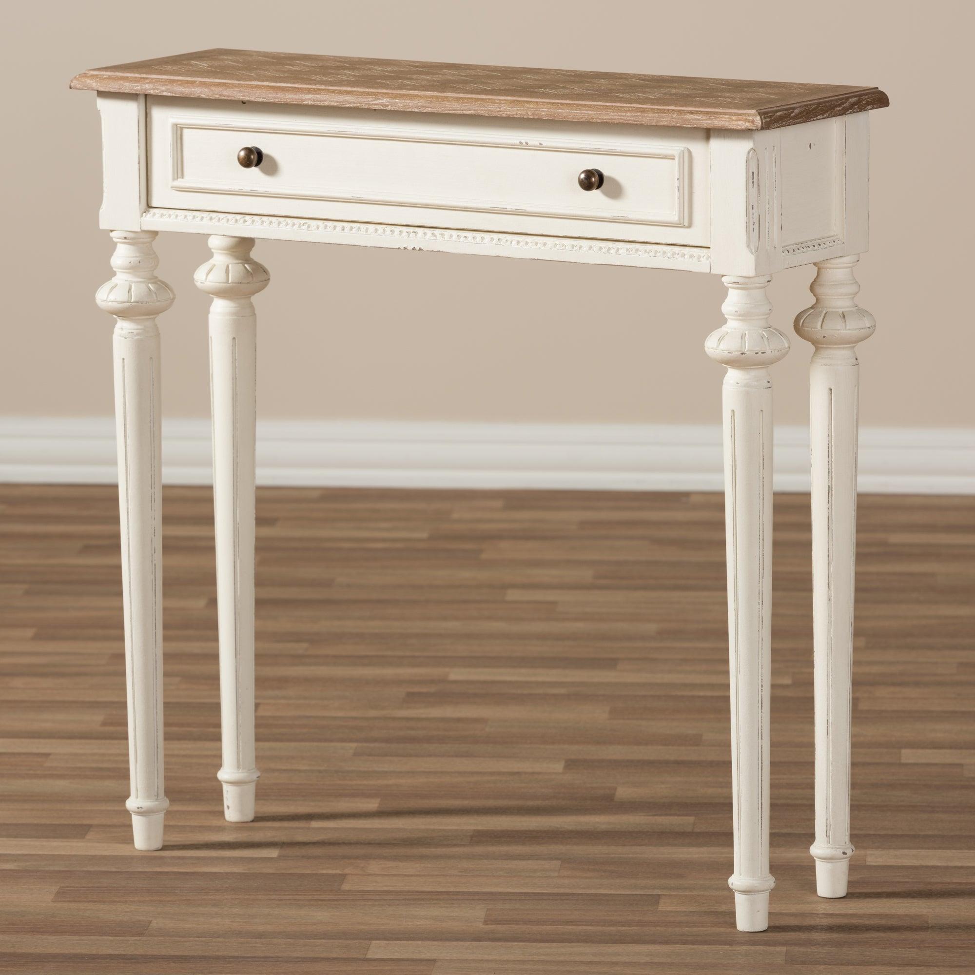 Marquetterie French Provincial Style Weathered and Wash Distressed Finish Wood Two-Tone Console Table