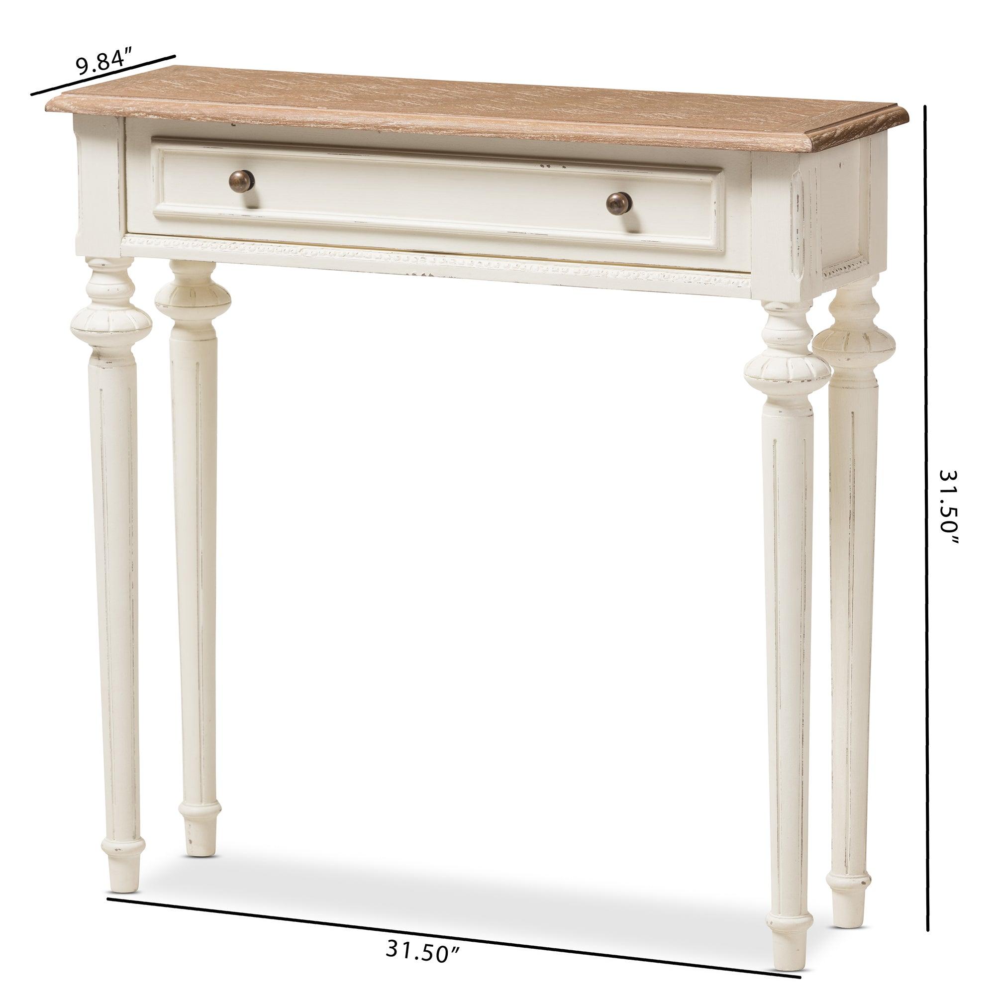 Marquetterie French Provincial Style Weathered and Wash Distressed Finish Wood Two-Tone Console Table