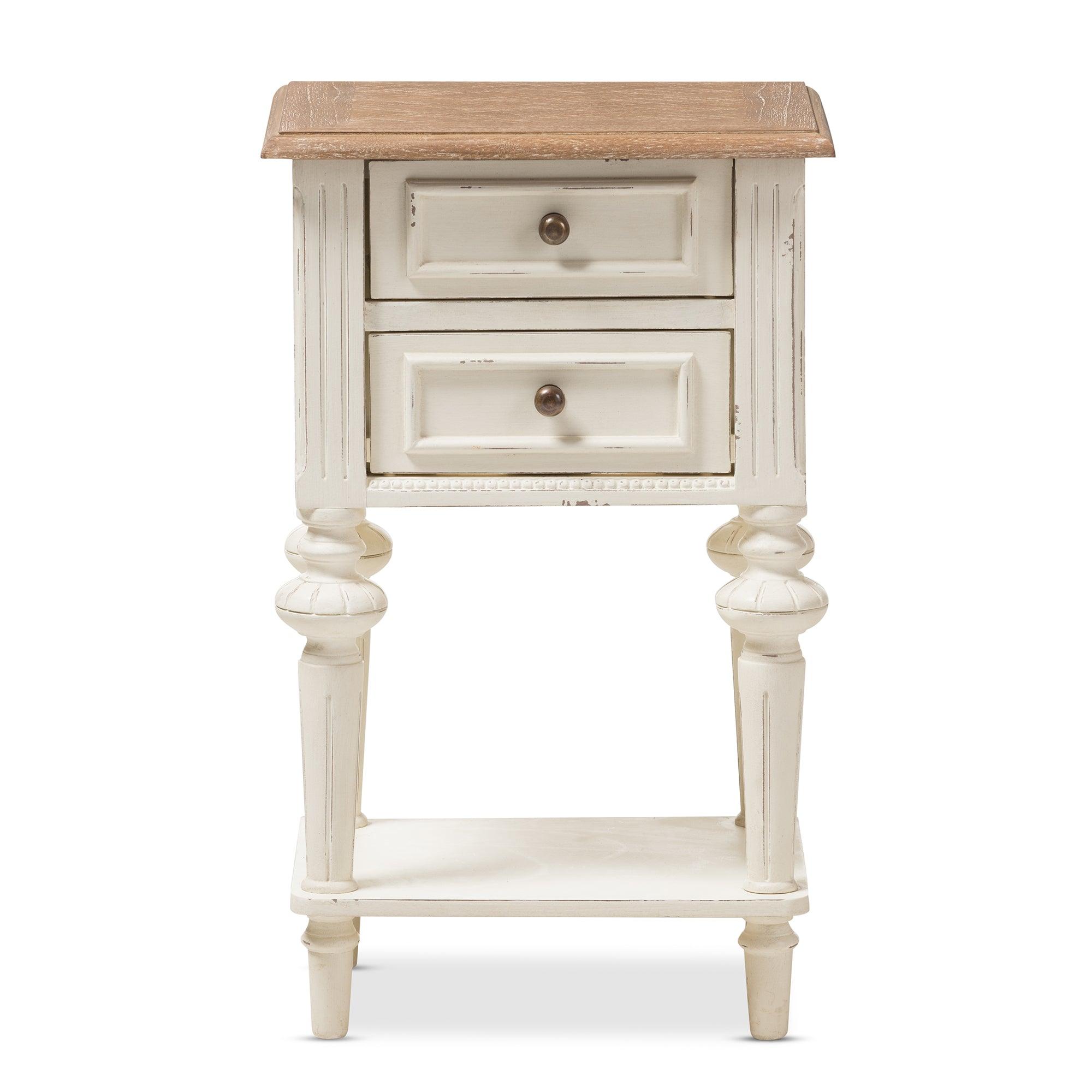 Marquetterie French Provincial Style Weathered and Wash Distressed Finish Wood Two-Tone 2-Drawer and 1-Shelf Nightstand