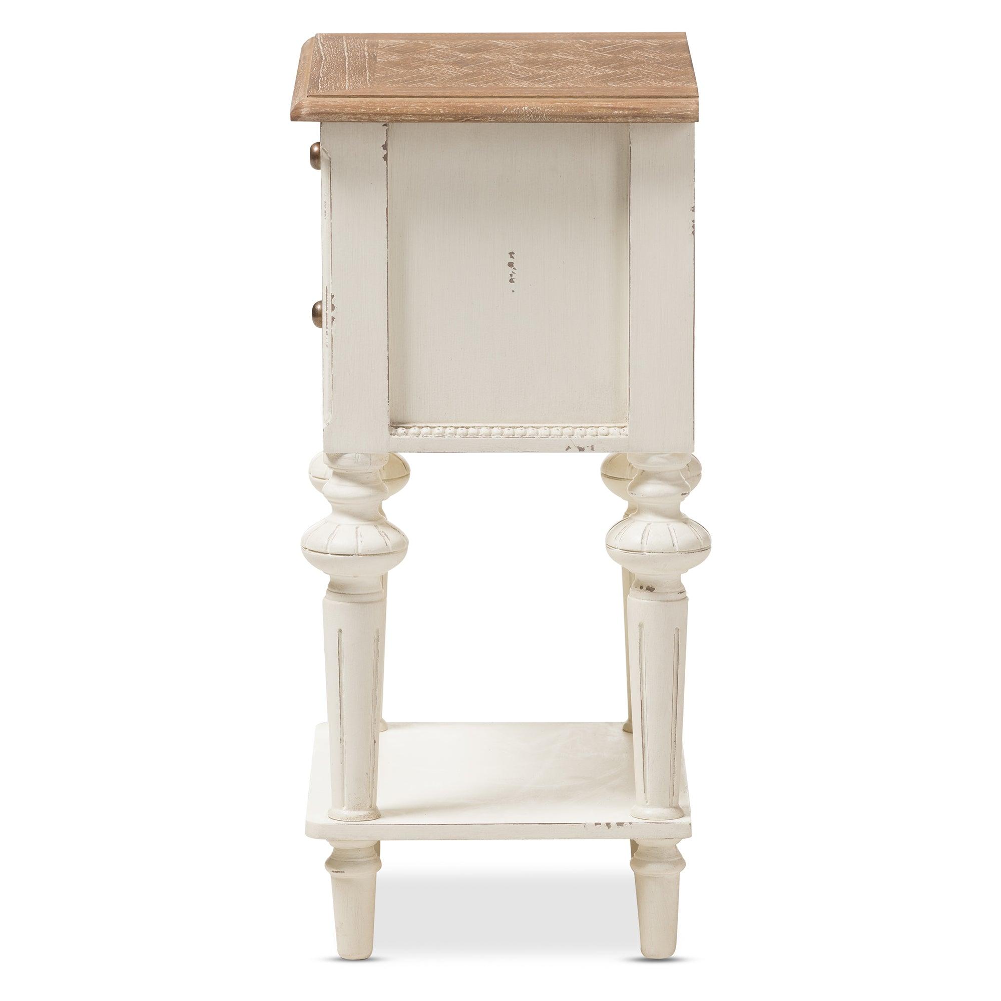 Marquetterie French Provincial Style Weathered and Wash Distressed Finish Wood Two-Tone 2-Drawer and 1-Shelf Nightstand