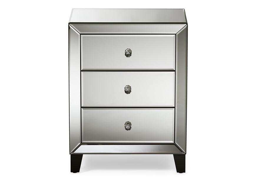 Chevron Modern and Contemporary Hollywood Regency Glamour Style Mirrored 3-Drawers End Table