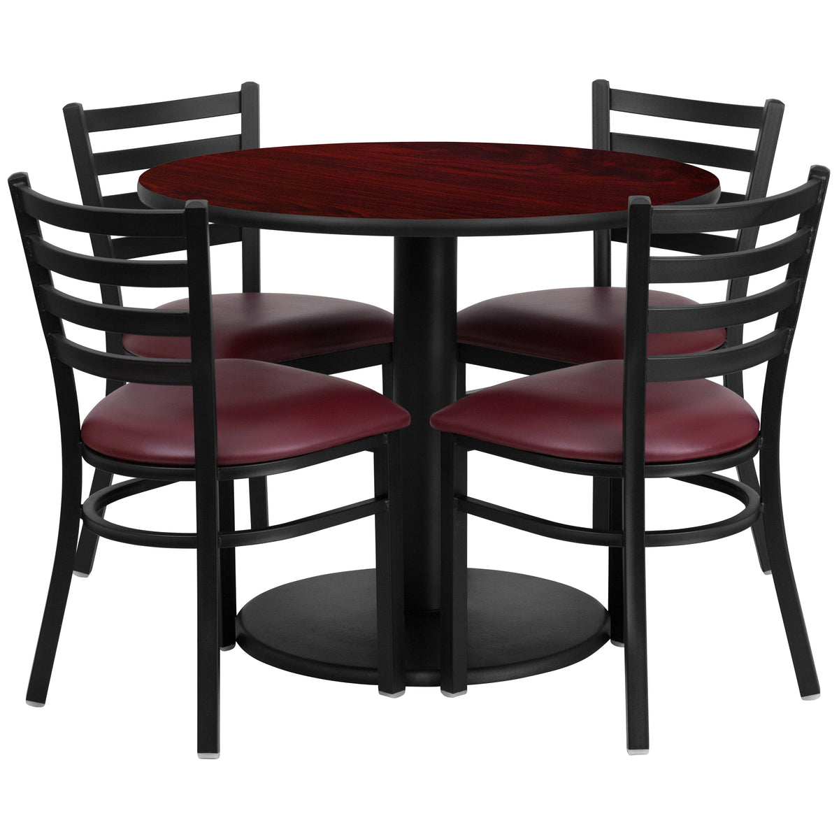 36'' Round Laminate Table Set with Round Base and 4 Ladder Back Metal Chairs