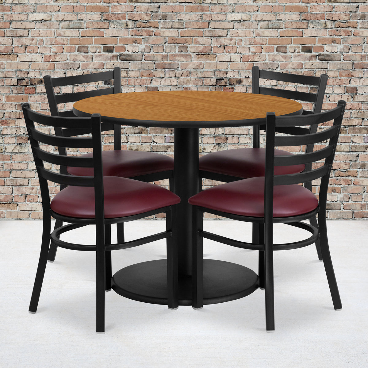 36'' Round Laminate Table Set with Round Base and 4 Ladder Back Metal Chairs