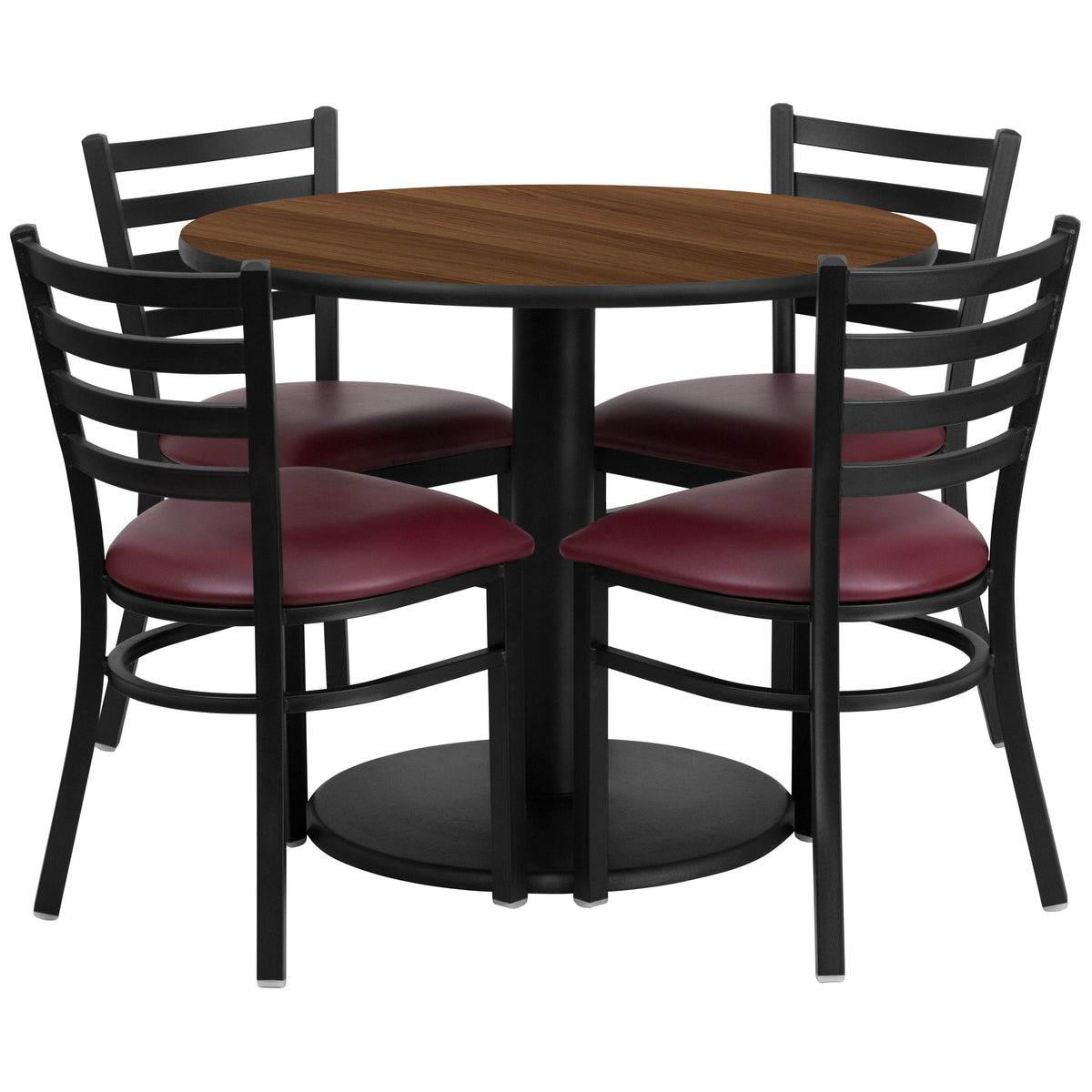 36'' Round Laminate Table Set with Round Base and 4 Ladder Back Metal Chairs