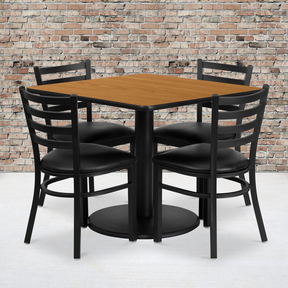 36'' Square Laminate Table Set with Round Base and 4 Ladder Back Metal Chairs