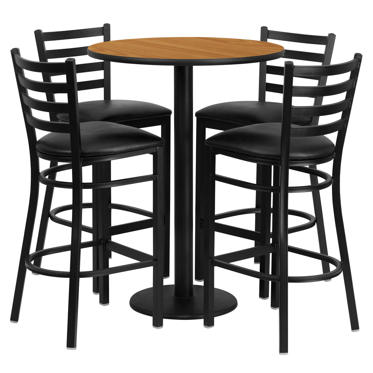 30'' Round Laminate Table Set with Round Base and 4 Ladder Back Metal Barstools