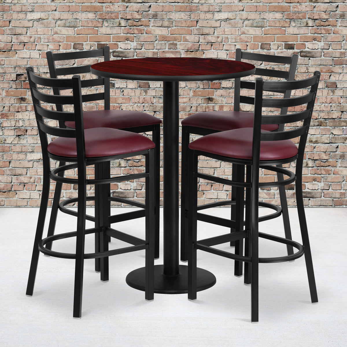 30'' Round Laminate Table Set with Round Base and 4 Ladder Back Metal Barstools