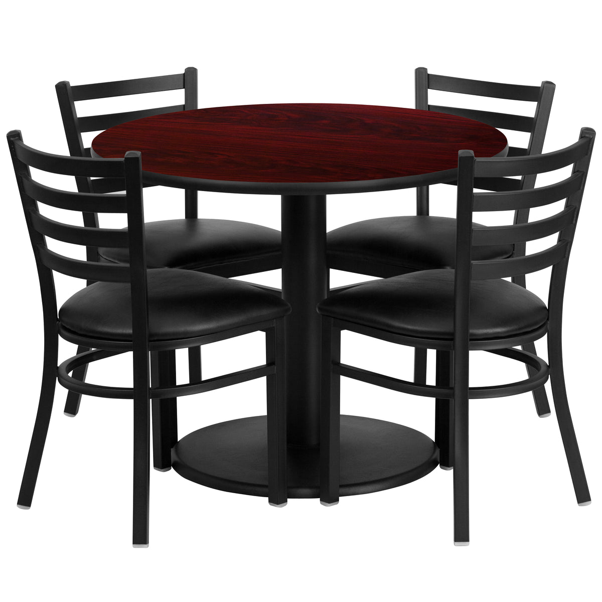 36'' Round Laminate Table Set with Round Base and 4 Ladder Back Metal Chairs