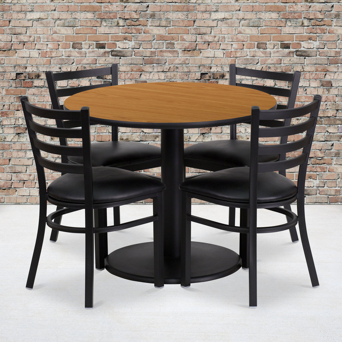 36'' Round Laminate Table Set with Round Base and 4 Ladder Back Metal Chairs