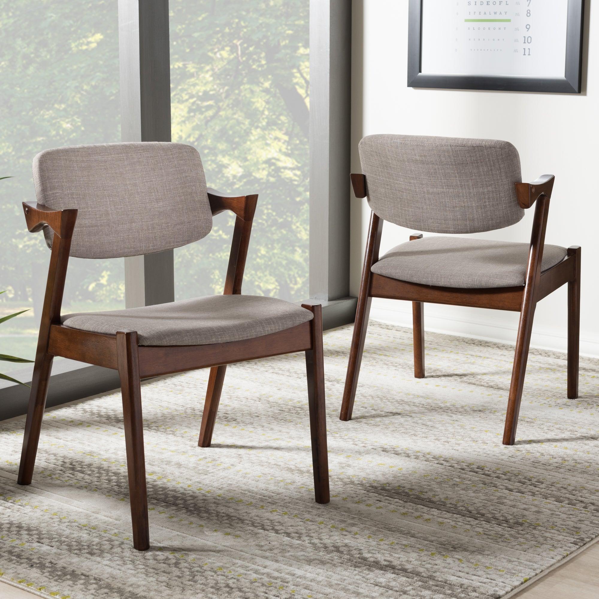 Elegant Mid-Century Dark Wood Fabric Upholstered Dining Armchair